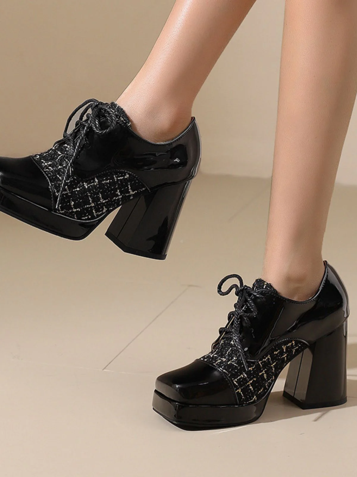 Mary Jane Kariert Quadratisch Zehen Block Absatz Schuhe - Image 3