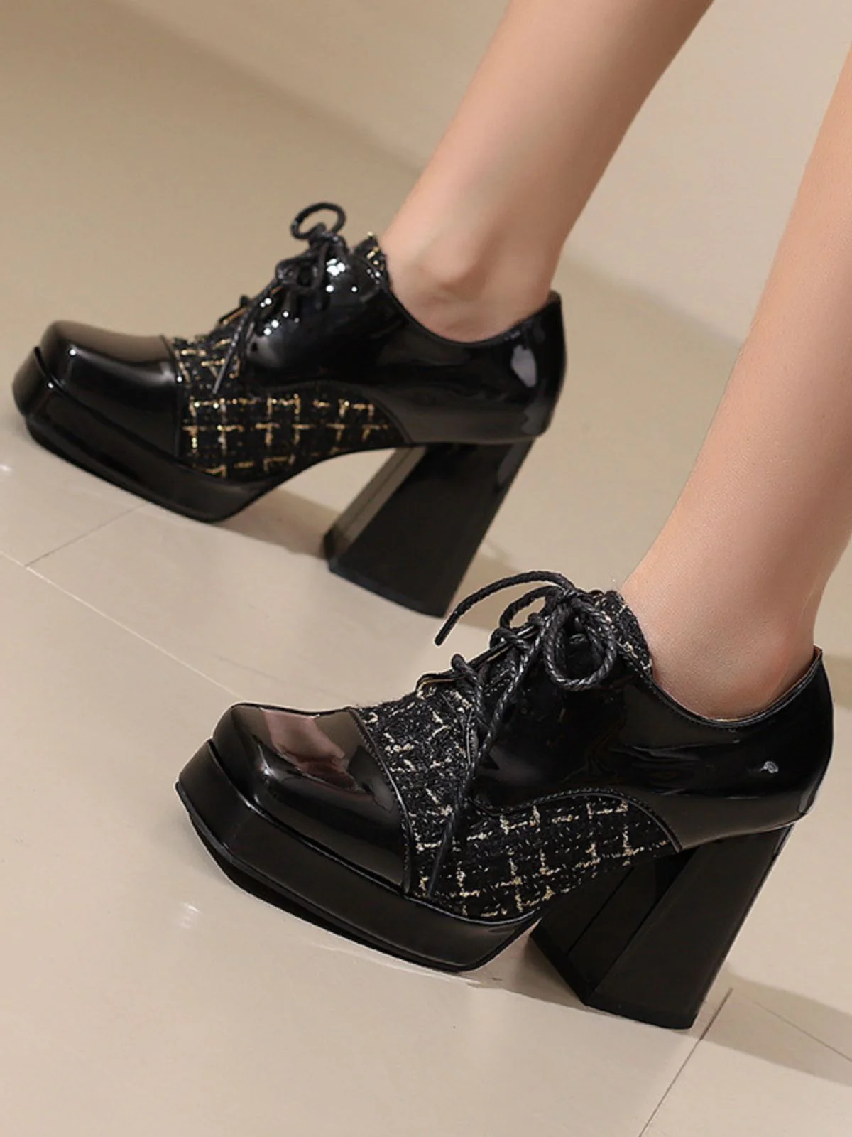 Mary Jane Kariert Quadratisch Zehen Block Absatz Schuhe - Image 4