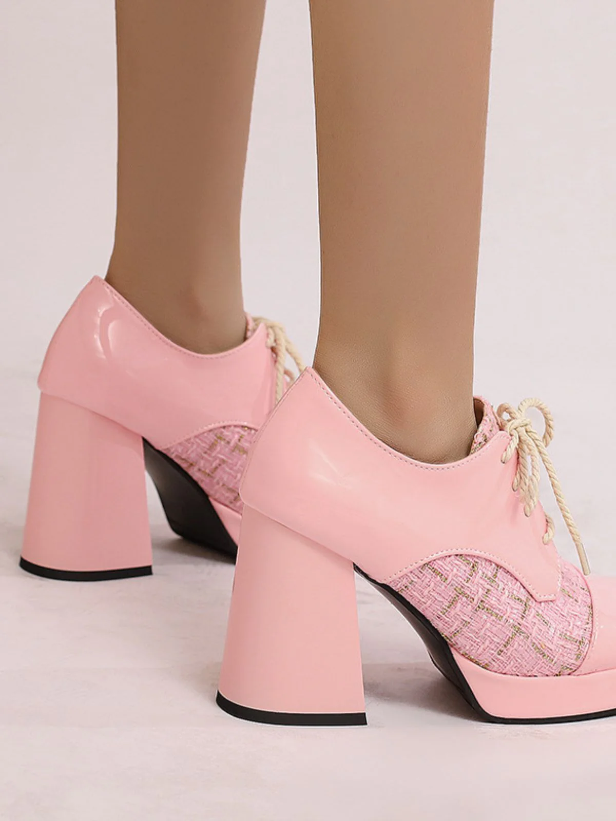 Mary Jane Kariert Quadratisch Zehen Block Absatz Schuhe - Image 6