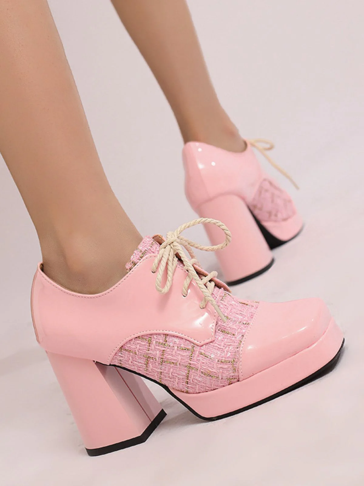 Mary Jane Kariert Quadratisch Zehen Block Absatz Schuhe - Image 7