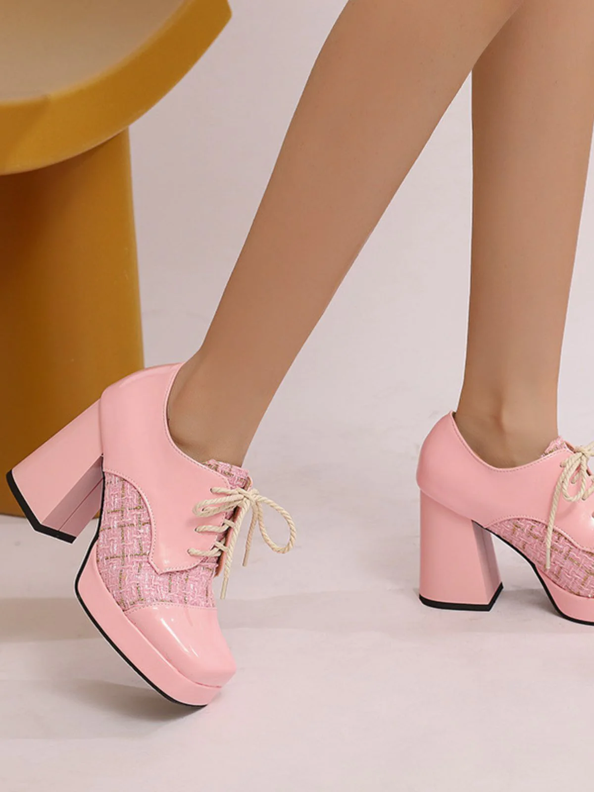Mary Jane Kariert Quadratisch Zehen Block Absatz Schuhe - Image 8