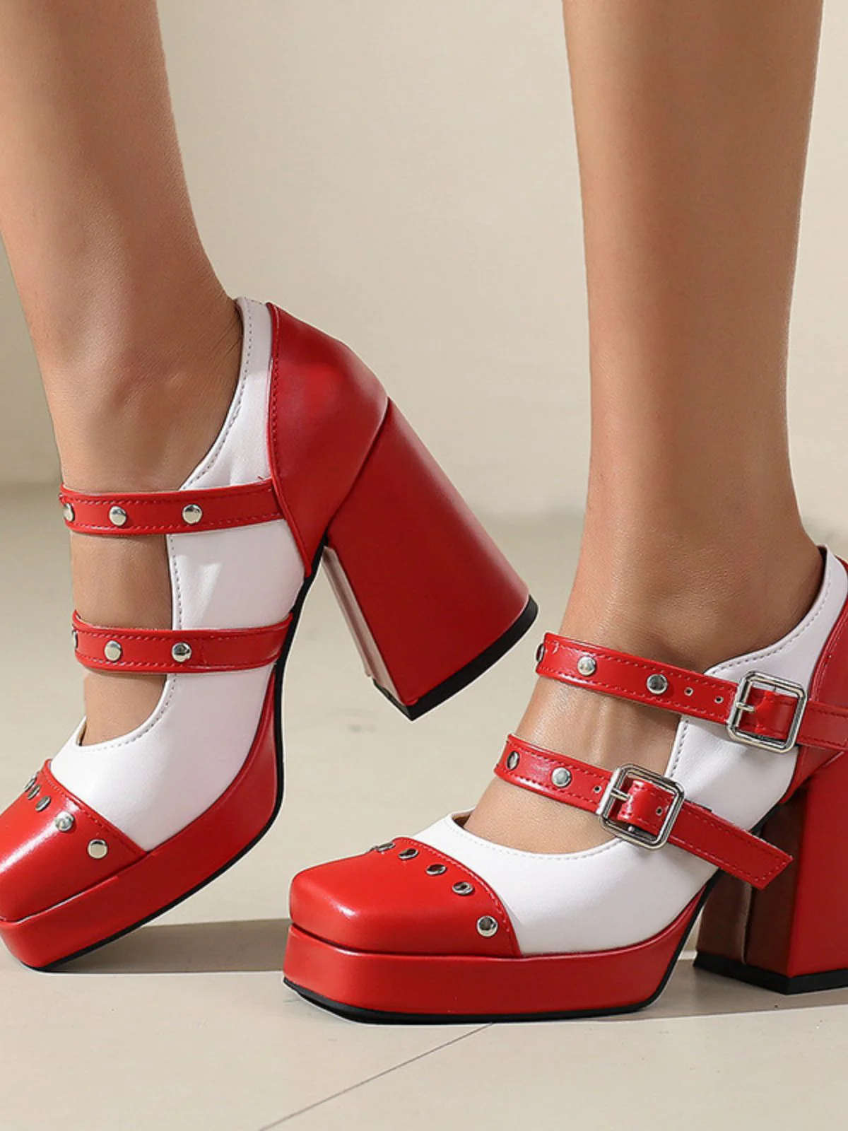 Mary Jane Nieten Quadratisch Zehenbereich Block Absatz Schuhe - Image 7