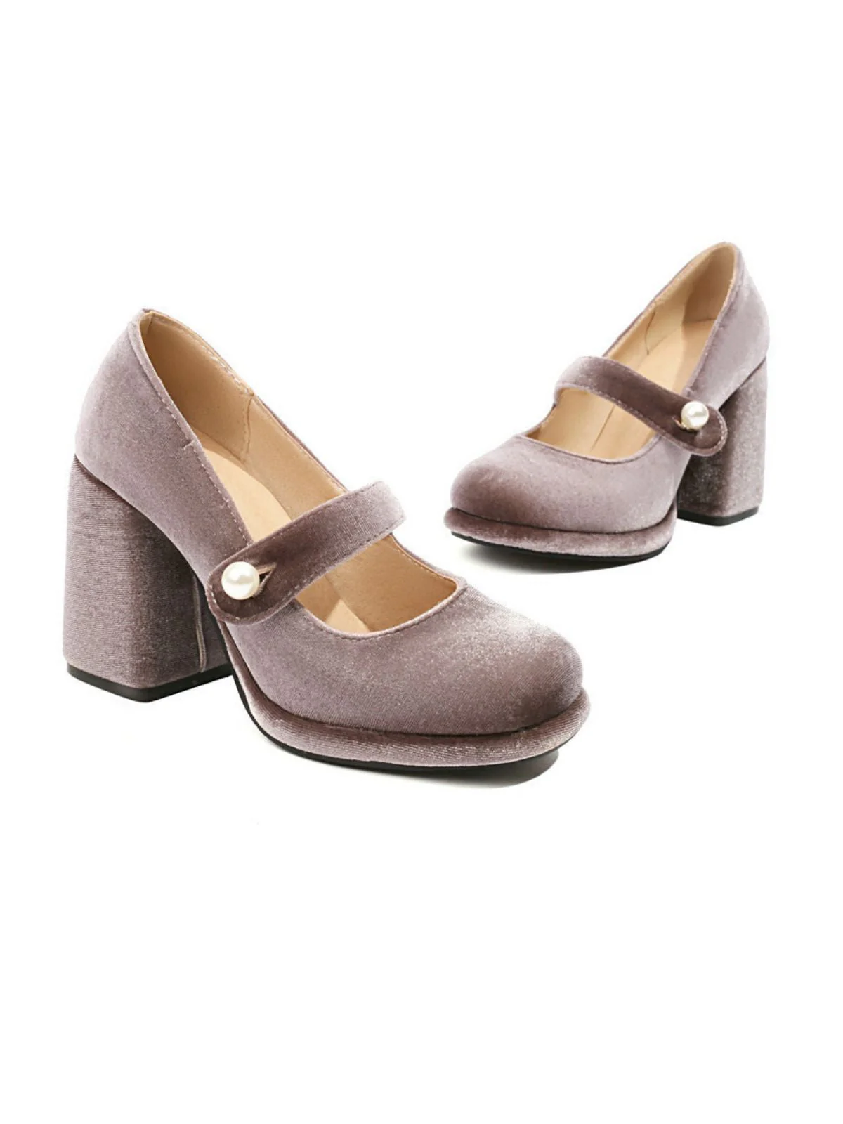 Mary Jane Samt Perlenknopf Blockabsatz Schuhe - Image 12