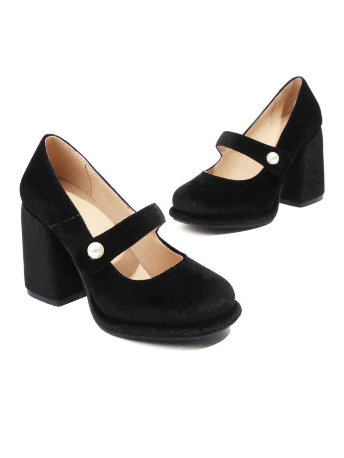 Mary Jane Samt Perlenknopf Blockabsatz Schuhe - Image 4