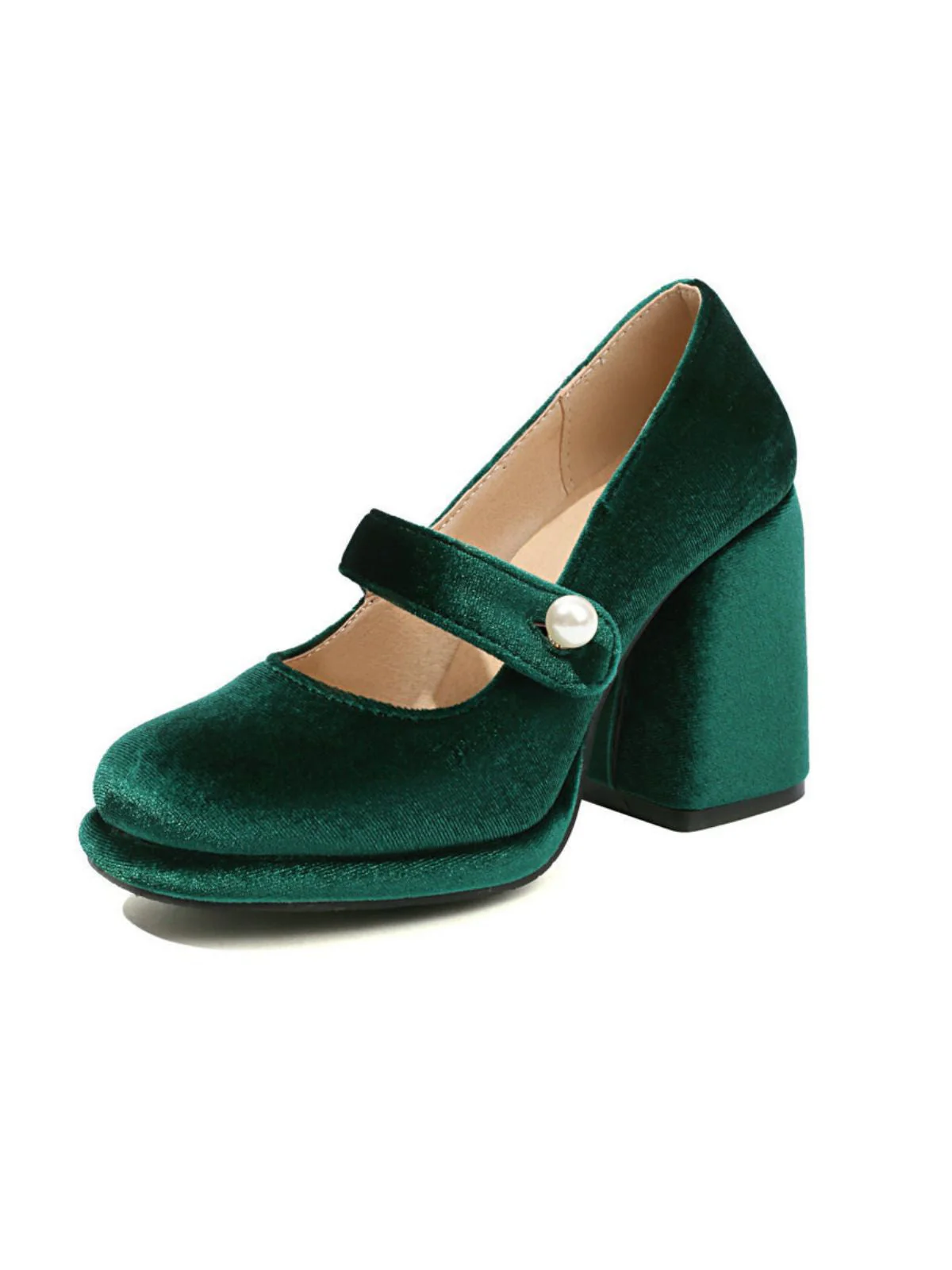 Mary Jane Samt Perlenknopf Blockabsatz Schuhe - Image 5