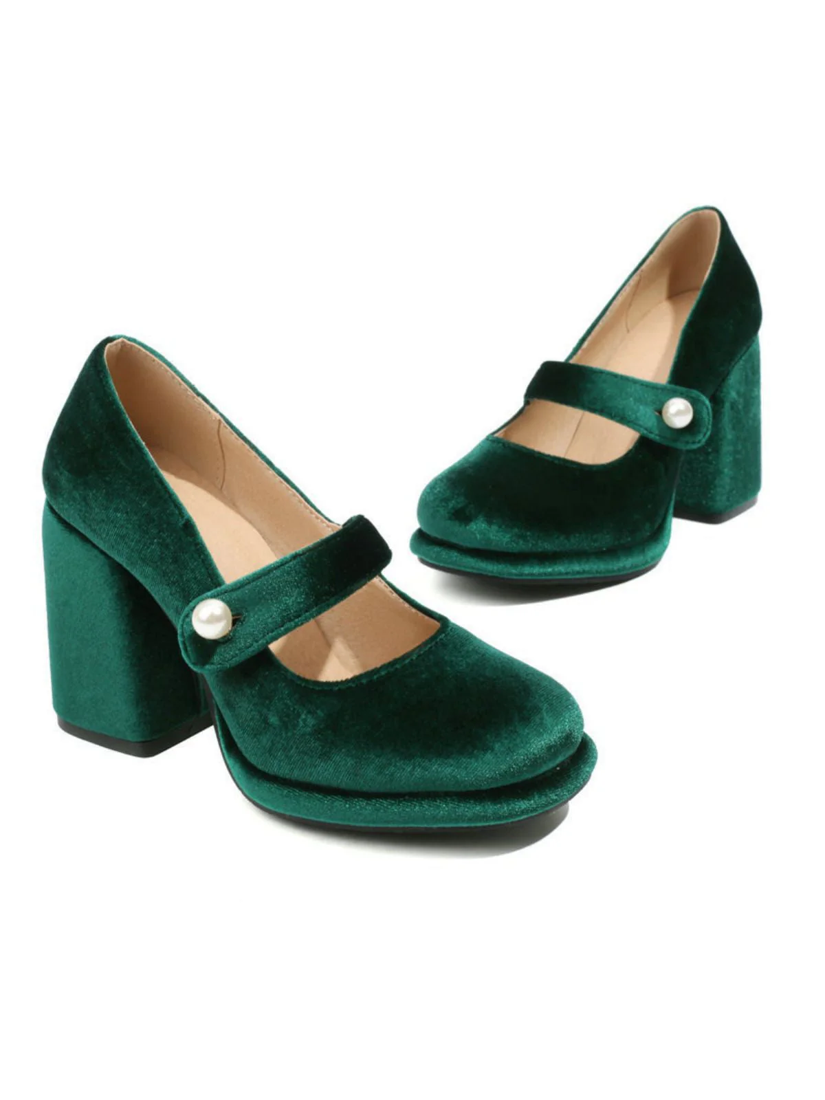 Mary Jane Samt Perlenknopf Blockabsatz Schuhe - Image 8