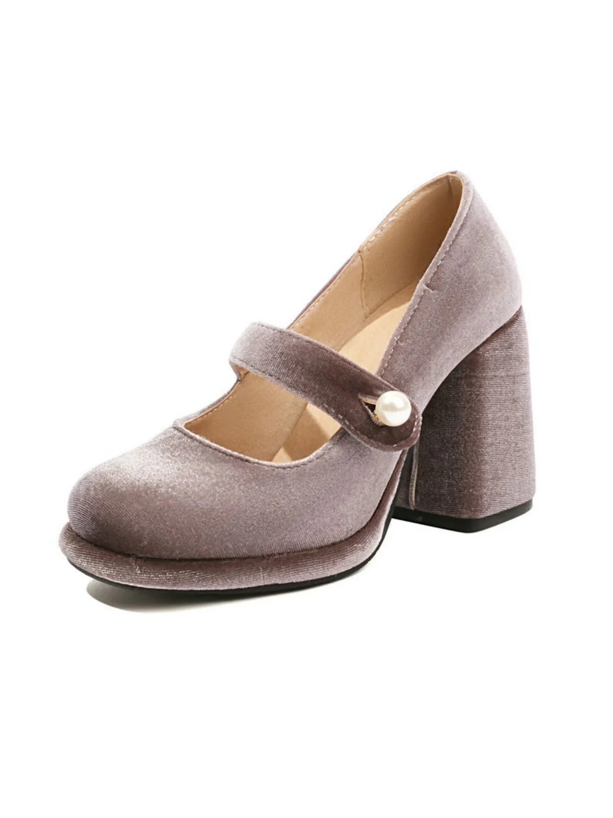 Mary Jane Samt Perlenknopf Blockabsatz Schuhe - Image 9