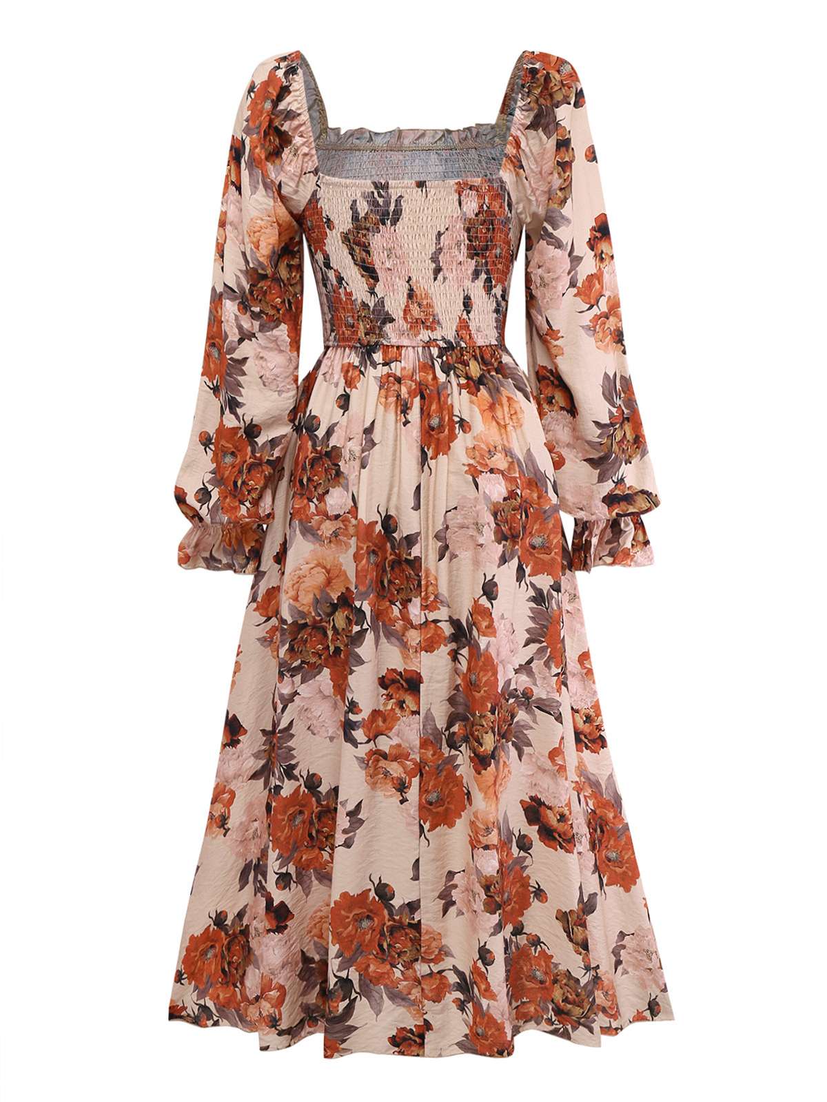 Mehrfarbig 1930er Blumen Gesmokt Gerafft Ärmel Kleid - Image 2