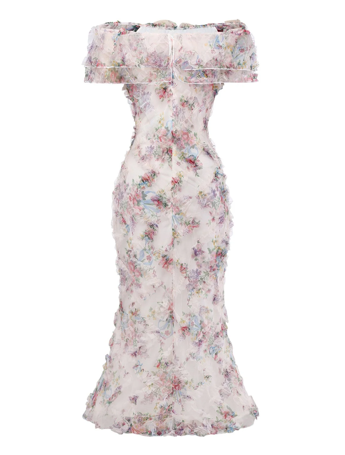 Mehrfarbig 1930er Blumen Netz Schulterfrei Maxi Kleid - Image 2