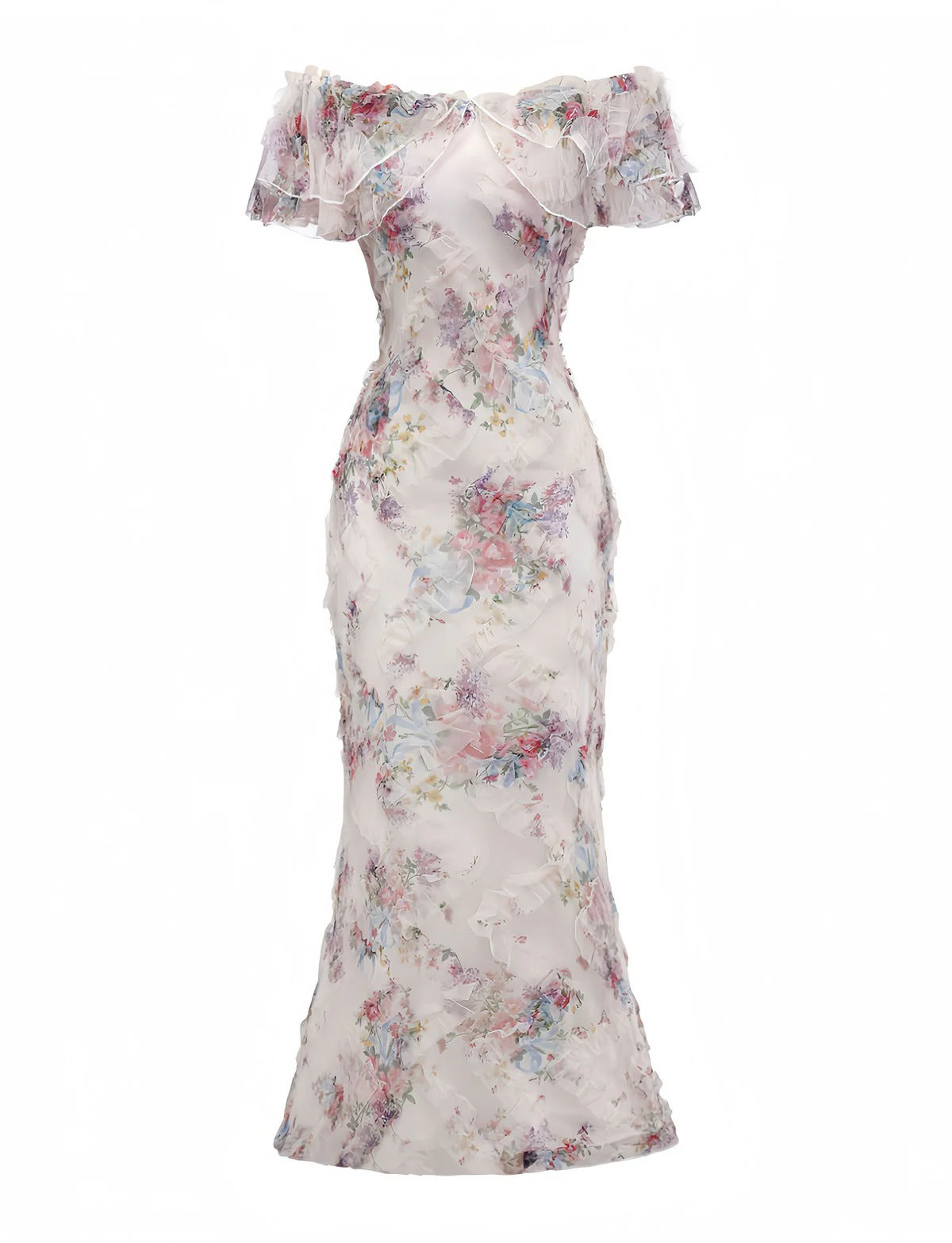 Mehrfarbig 1930er Blumen Netz Schulterfrei Maxi Kleid - Image 3