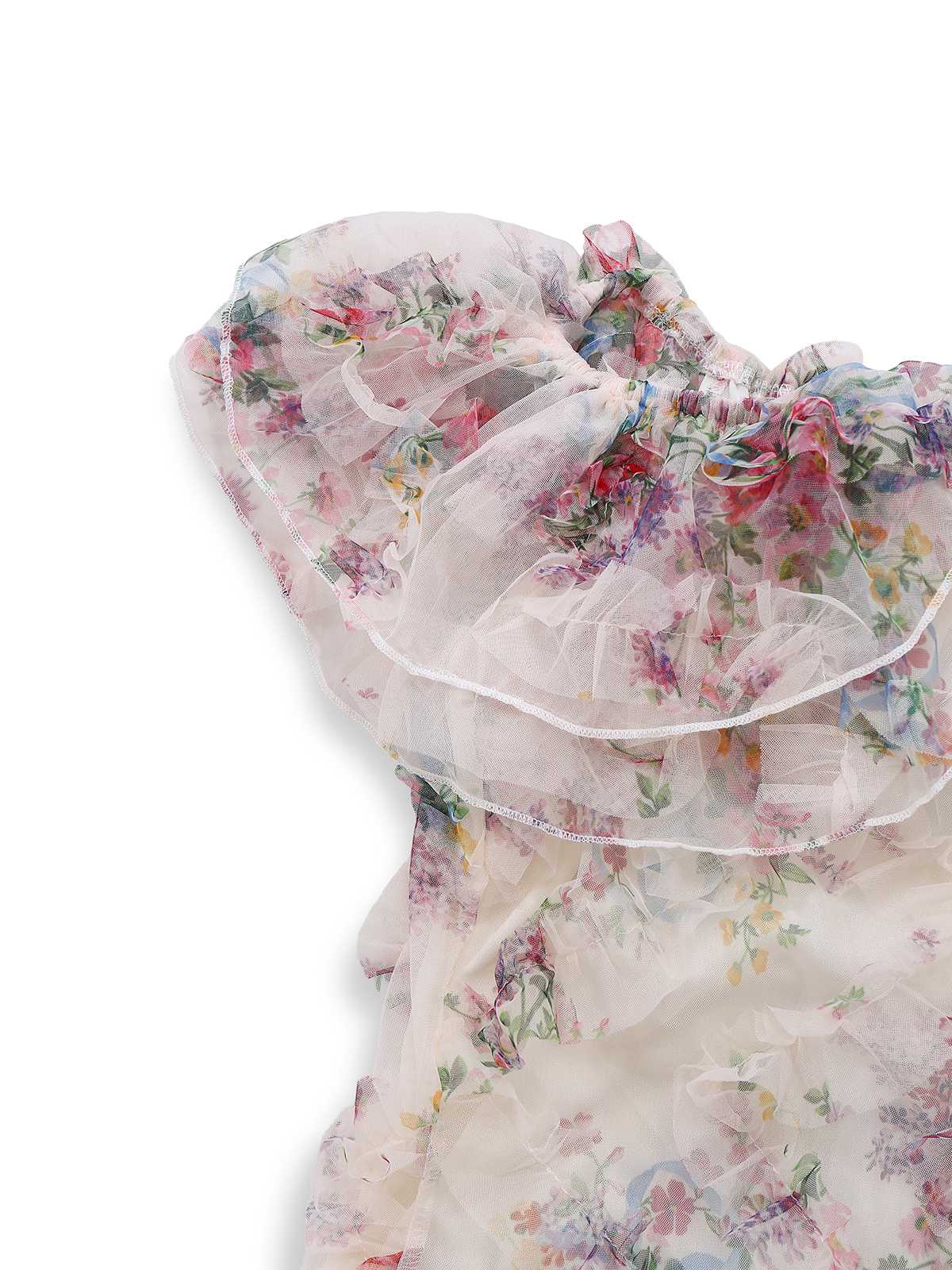 Mehrfarbig 1930er Blumen Netz Schulterfrei Maxi Kleid - Image 4