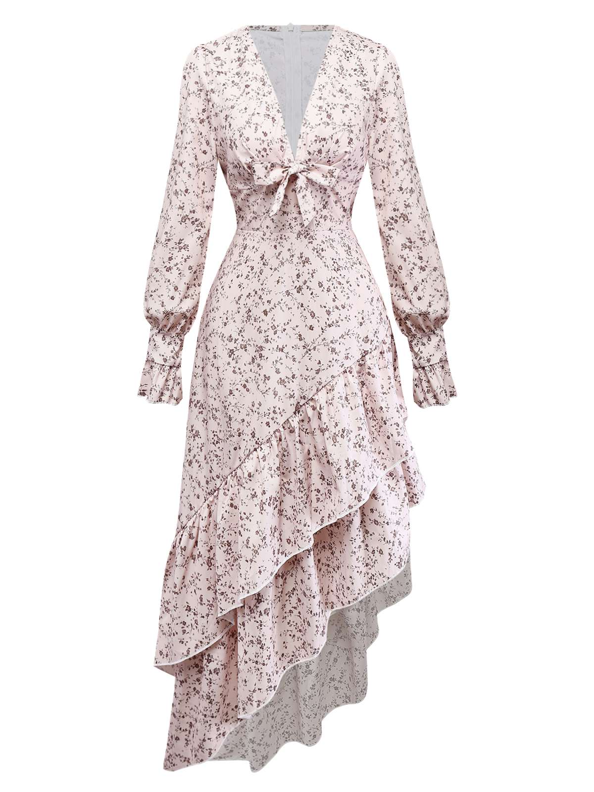 Mehrfarbig 1940er Blumen V-Ausschnitt Unregelmäßig Rüschen Saum Kleid - Image 2