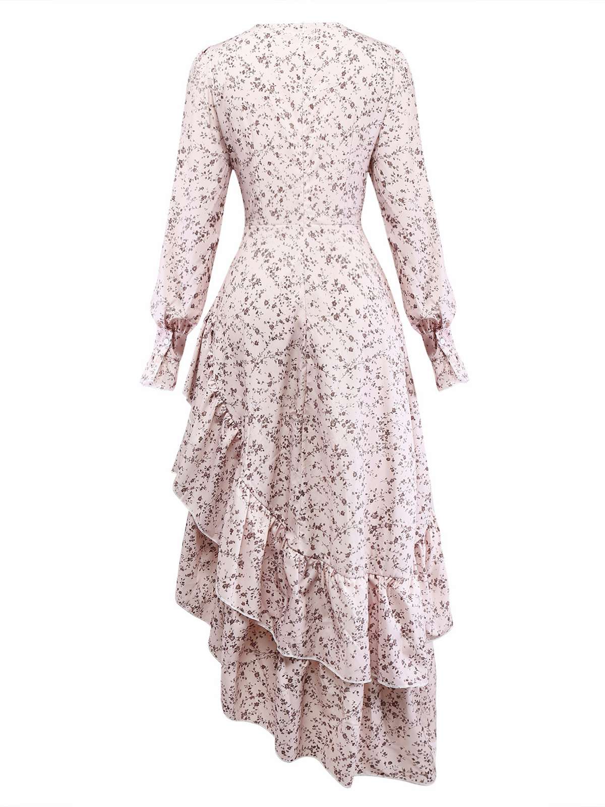 Mehrfarbig 1940er Blumen V-Ausschnitt Unregelmäßig Rüschen Saum Kleid - Image 3