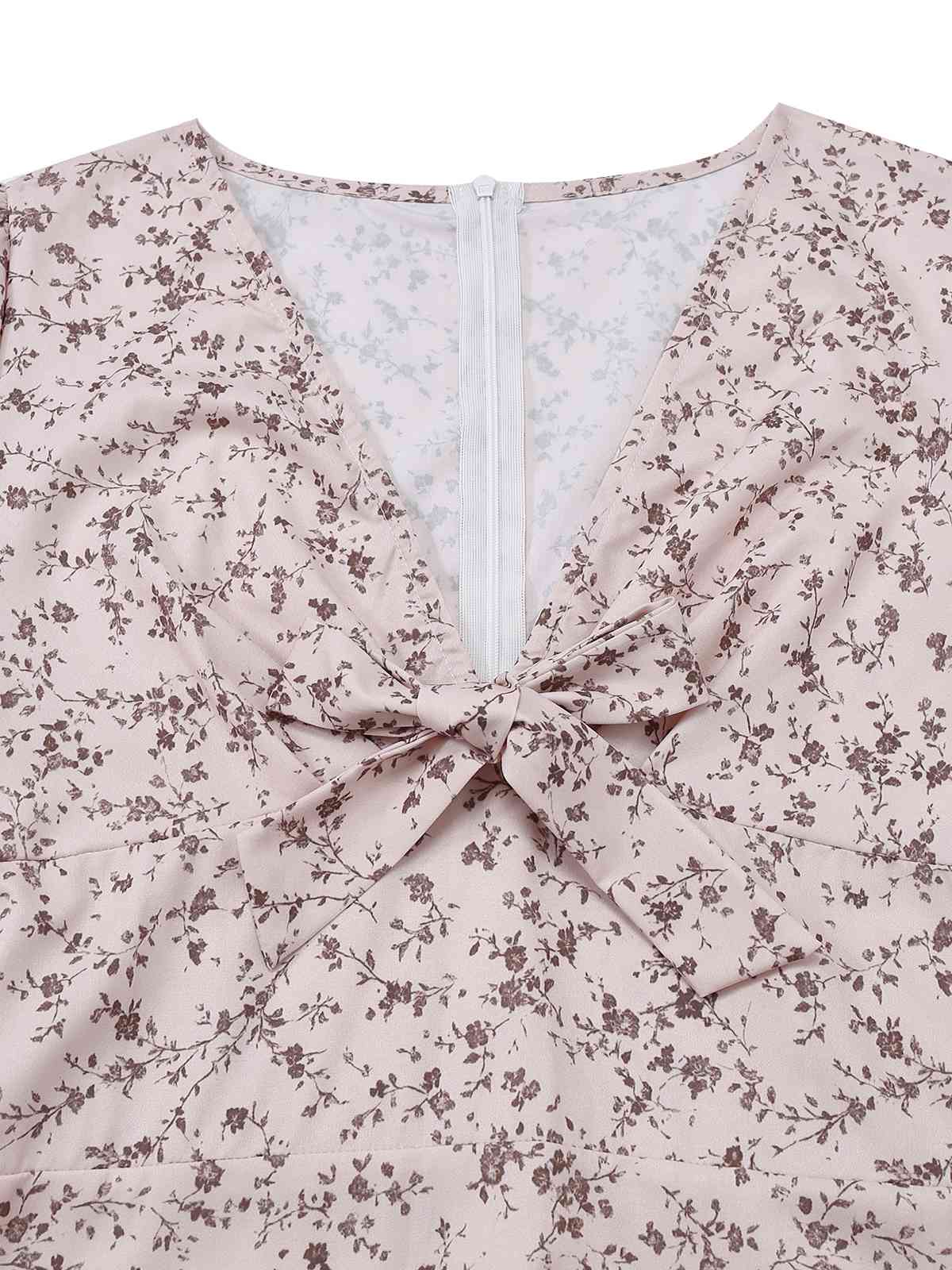 Mehrfarbig 1940er Blumen V-Ausschnitt Unregelmäßig Rüschen Saum Kleid - Image 4