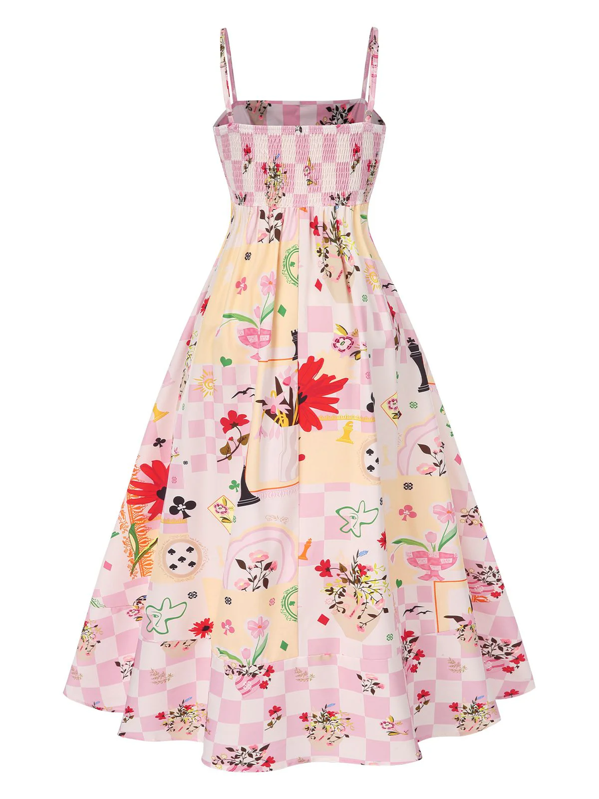 Mehrfarbig 1940er Schachbrettmuster Blumen Spaghetti Träger Kleid - Image 2