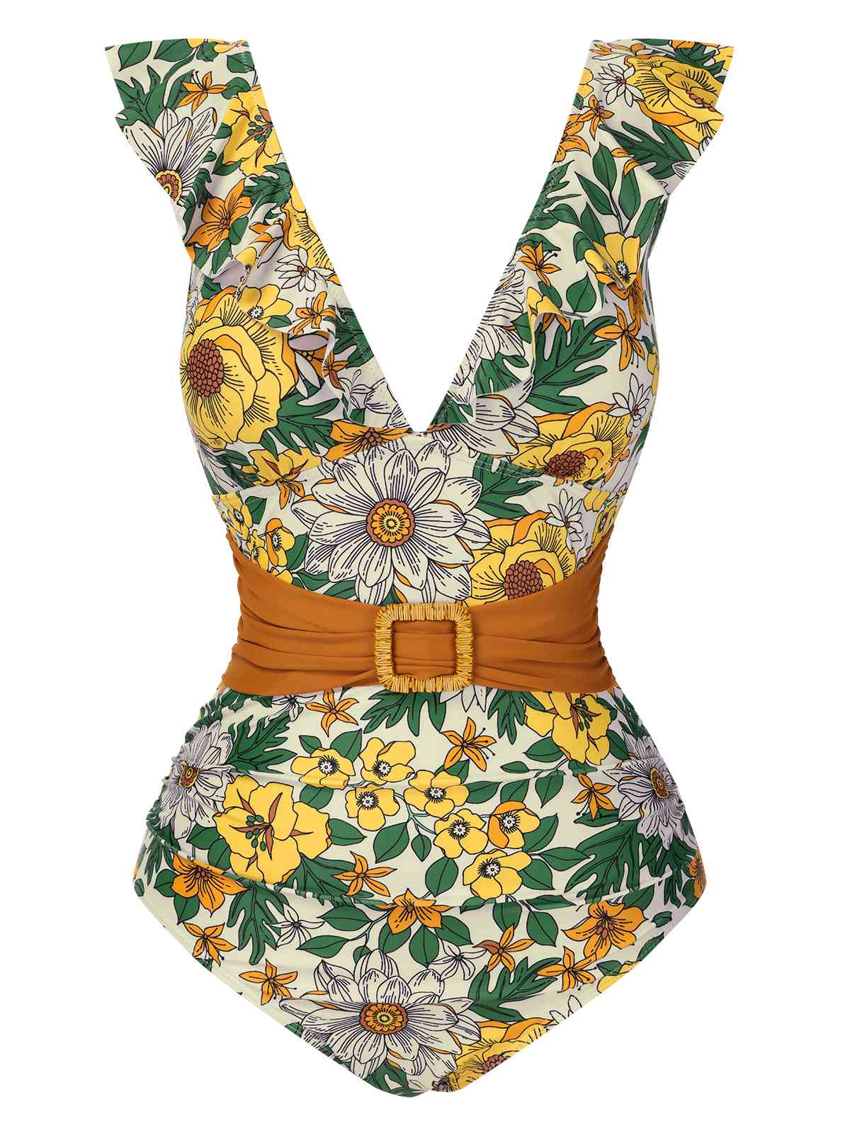 Mehrfarbig 1950er Blumen Ring Gürtel Rüschen Badeanzug - Image 2