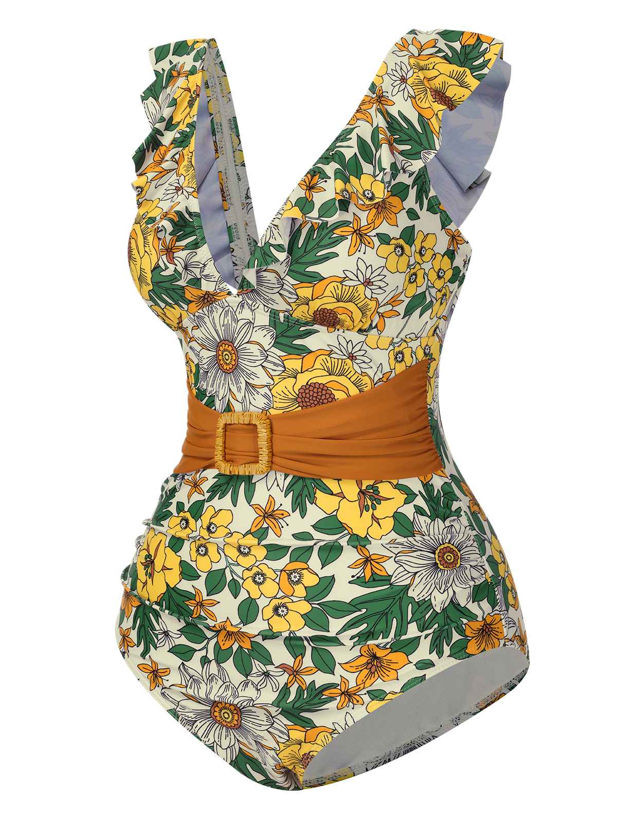 Mehrfarbig 1950er Blumen Ring Gürtel Rüschen Badeanzug - Image 3