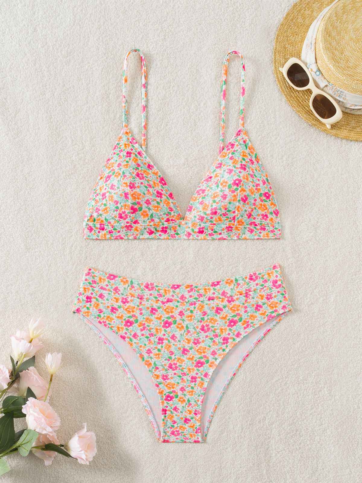 Mehrfarbig 1950er Ditsy Blumen Rückenkrawatte Bikini Set - Image 2