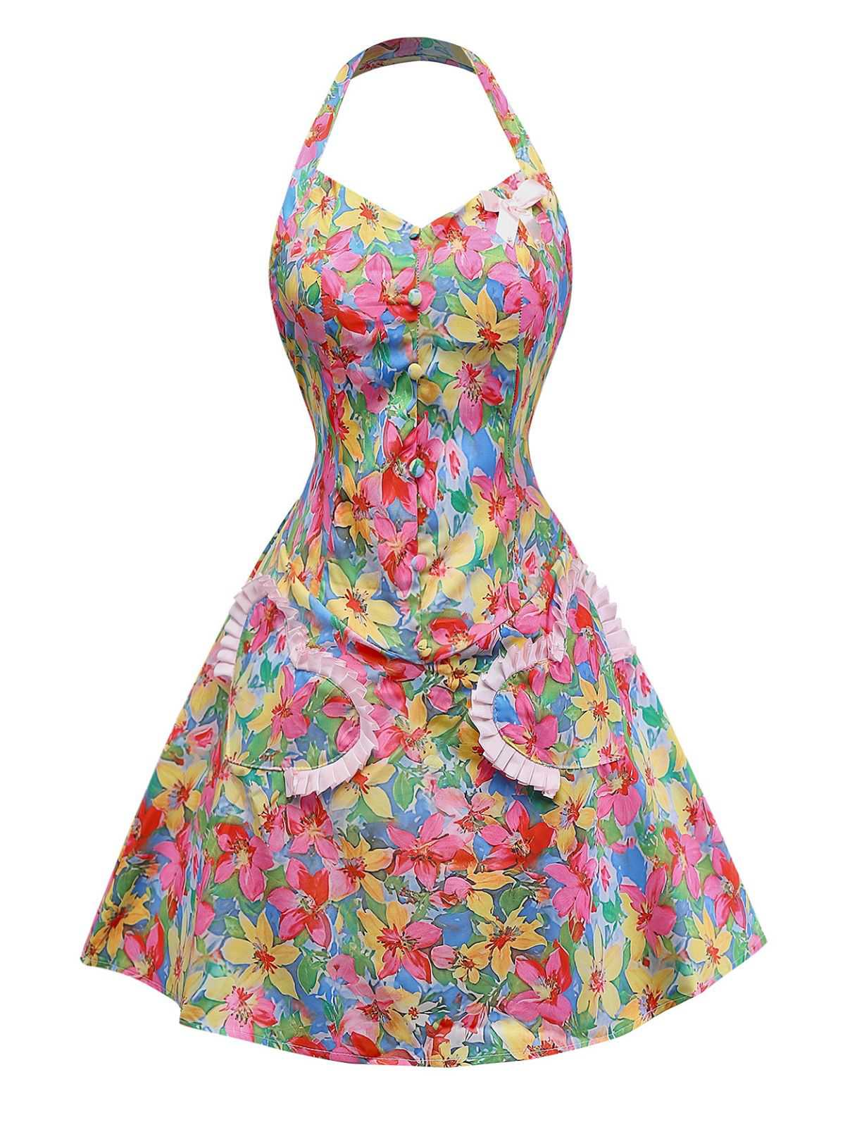 Mehrfarbig 1960er Halter Blumen Bogen Herz Kleid - Image 2