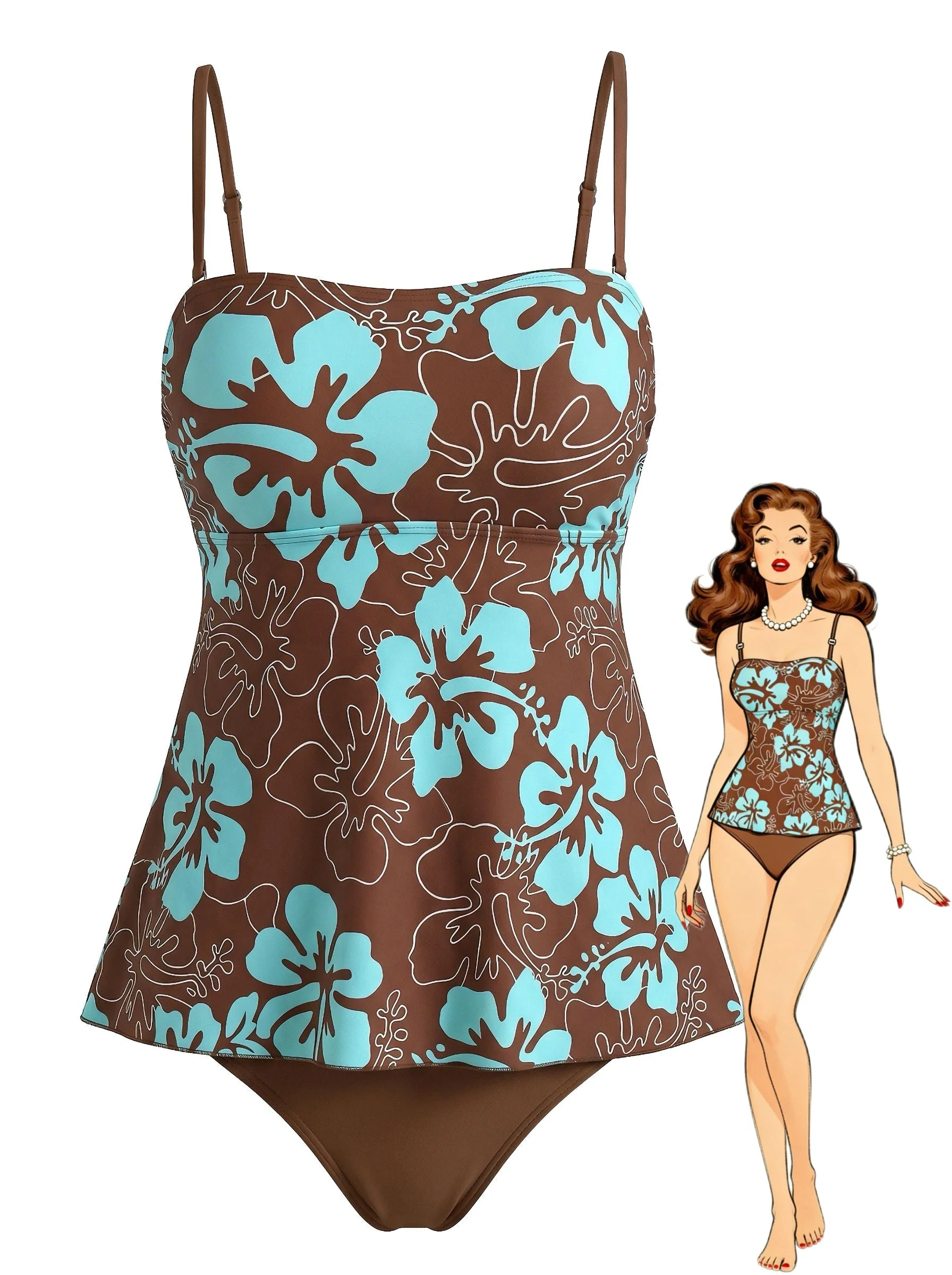 Mehrfarbig 1970er Boho Träger Tankini Set