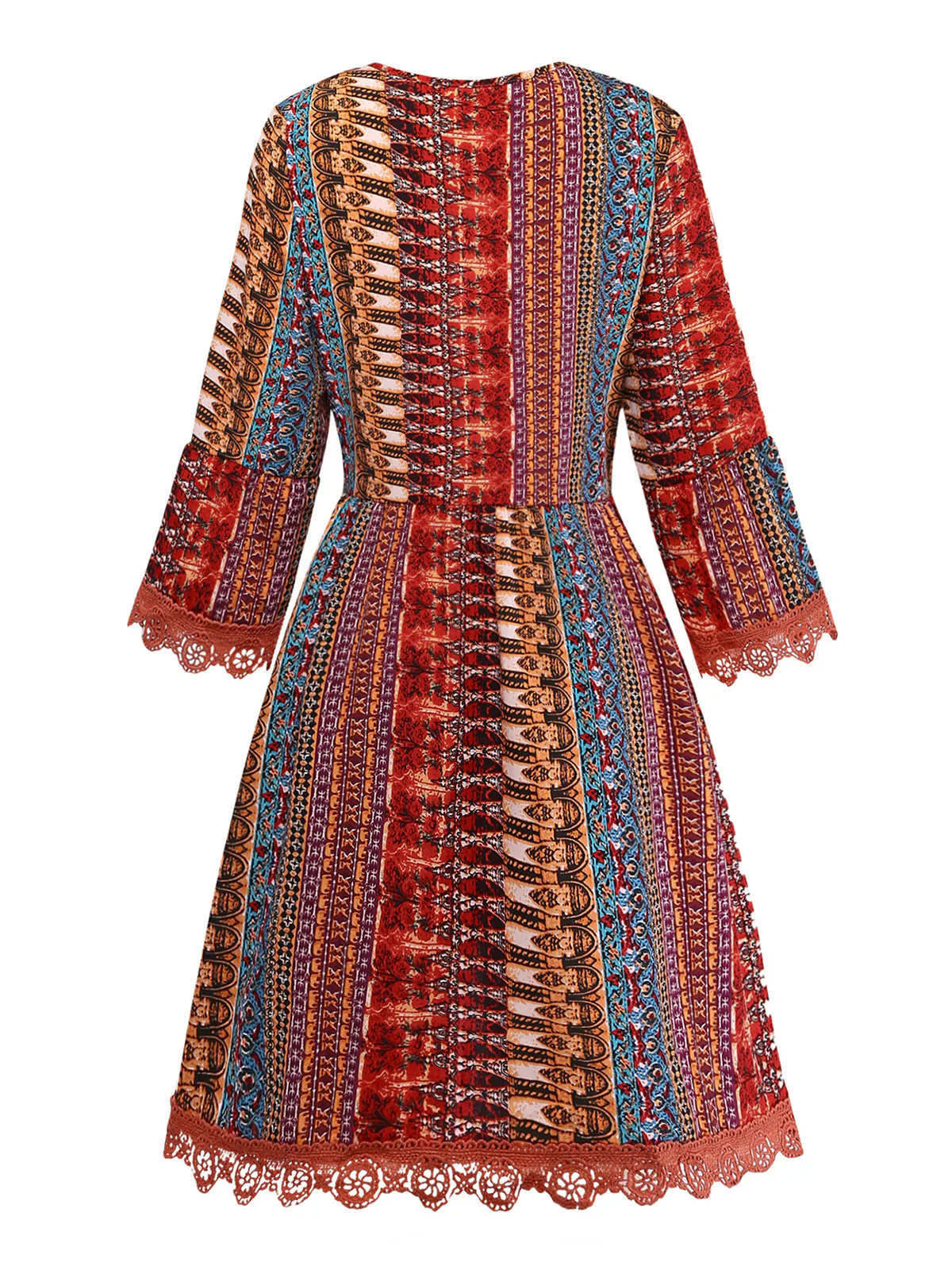 Mehrfarbig 1970er Boho V-Ausschnitt Gestuft Ärmel Kleid - Image 2