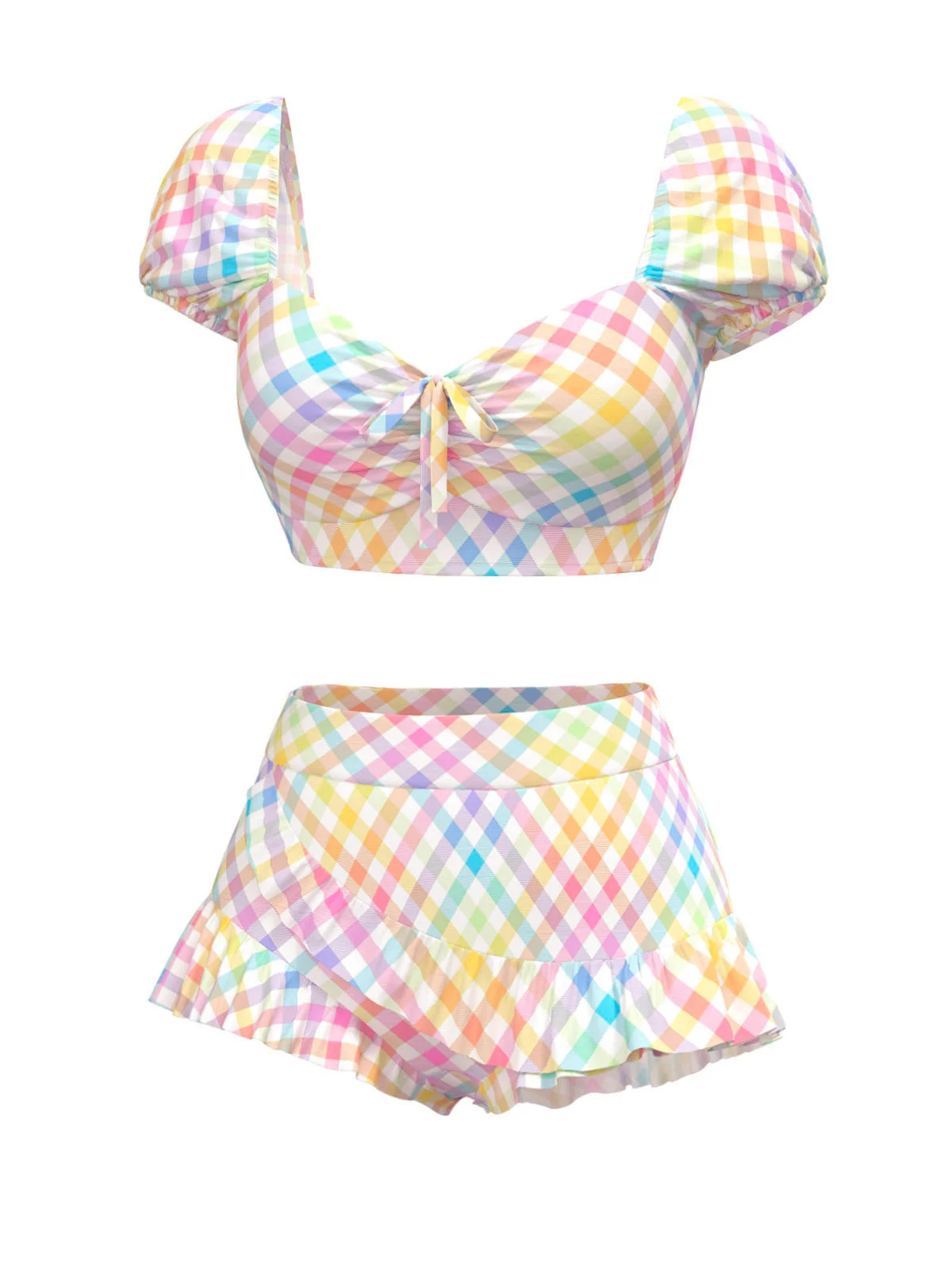 Mehrfarbig 1970er Puff Gingham Plaid Tankini Set - Image 2