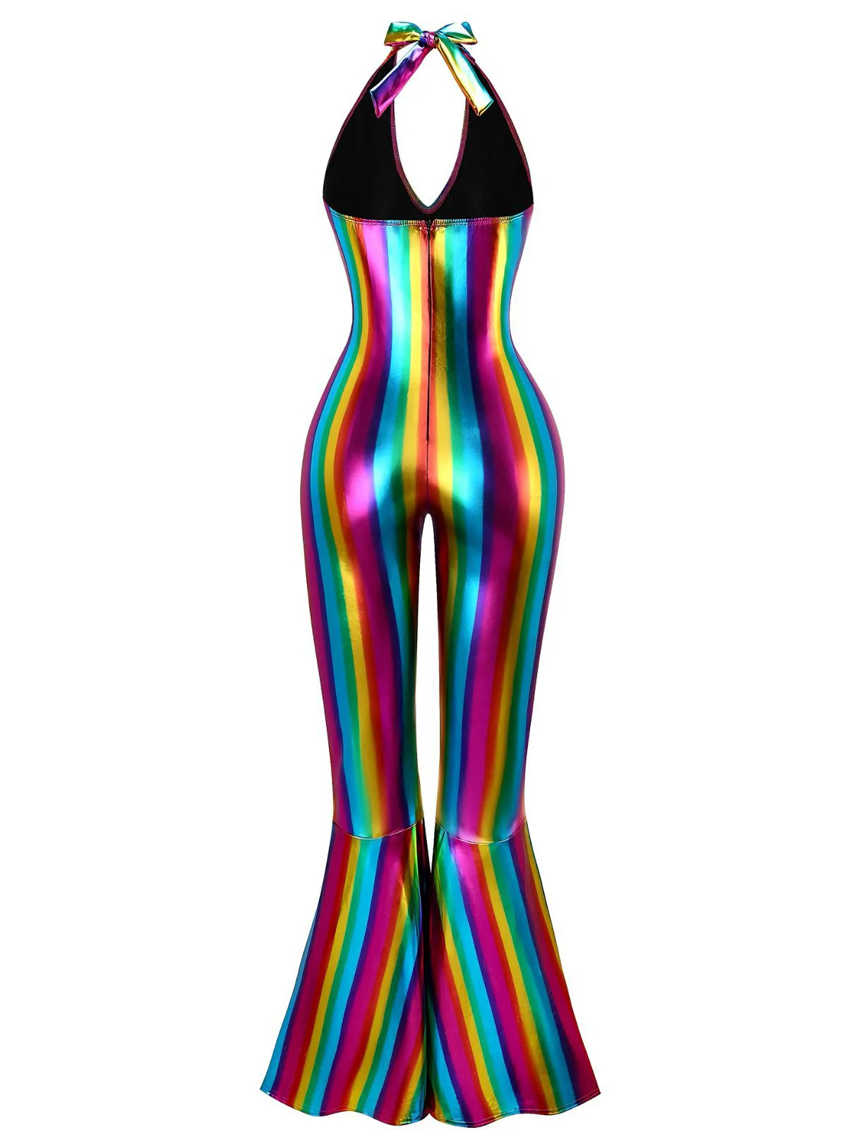 Mehrfarbig 1970er Regenbogen Farbblock Disko Halter Jumpsuit - Image 2