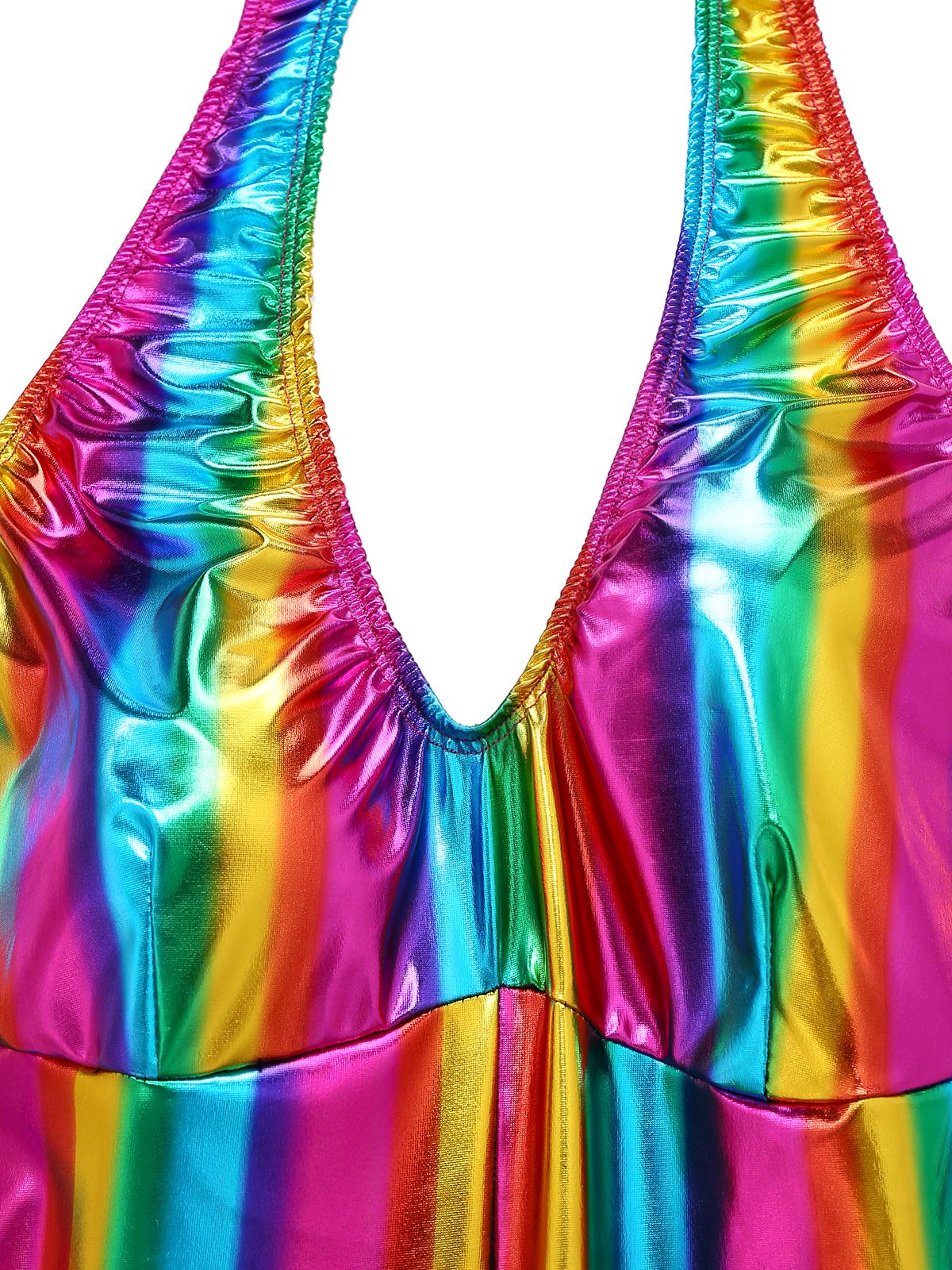 Mehrfarbig 1970er Regenbogen Farbblock Disko Halter Jumpsuit - Image 5