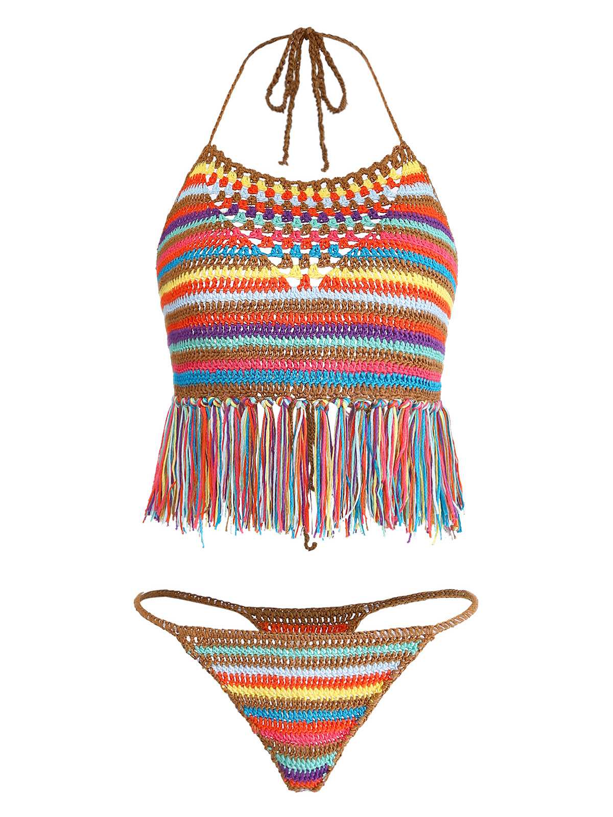 Mehrfarbig 1970er Streifen Quasten Häkel Halter Bikini Set - Image 2