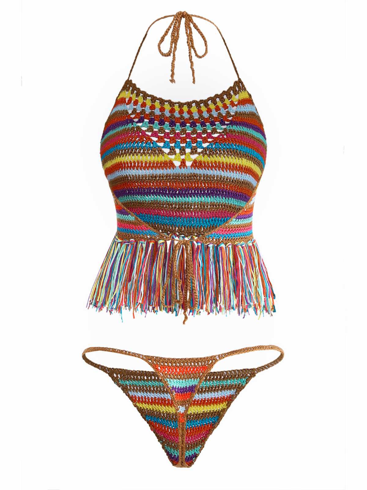 Mehrfarbig 1970er Streifen Quasten Häkel Halter Bikini Set - Image 3