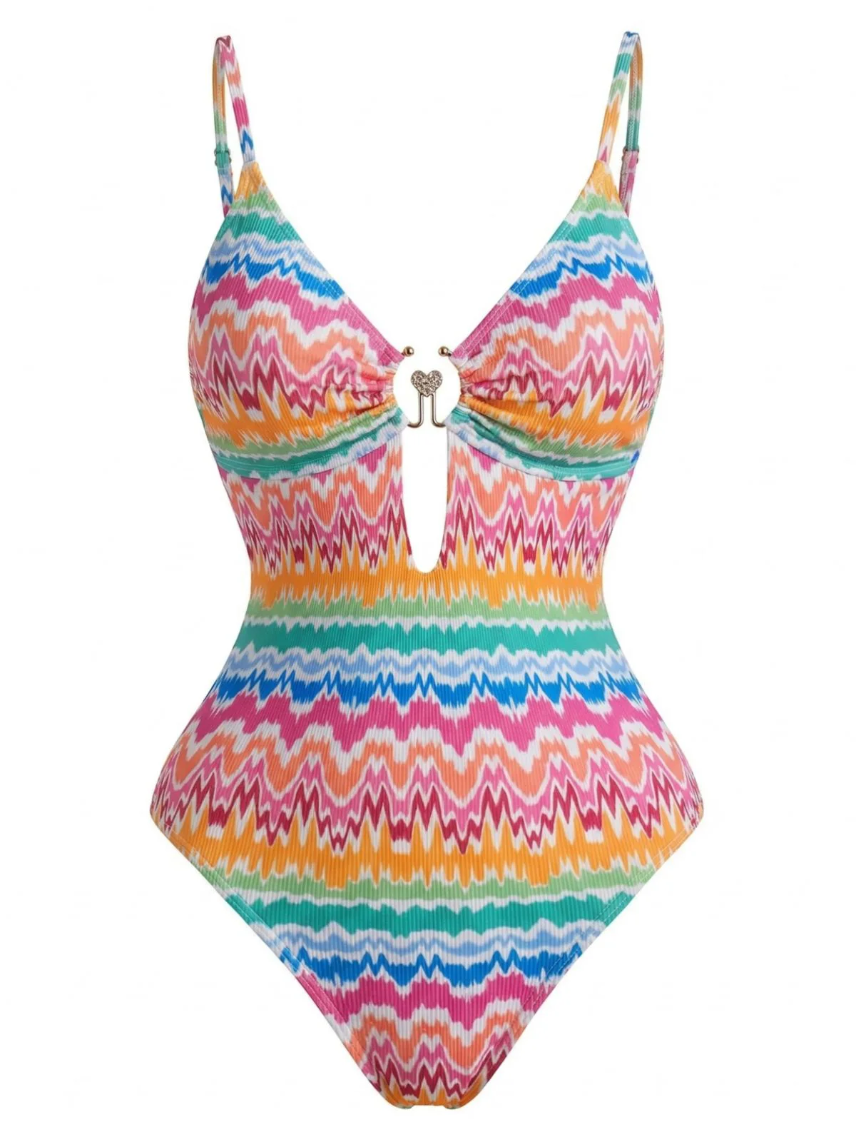 Mehrfarbiger 50er Badeanzug mit Chevron-Print und Herz-Ring - Image 2