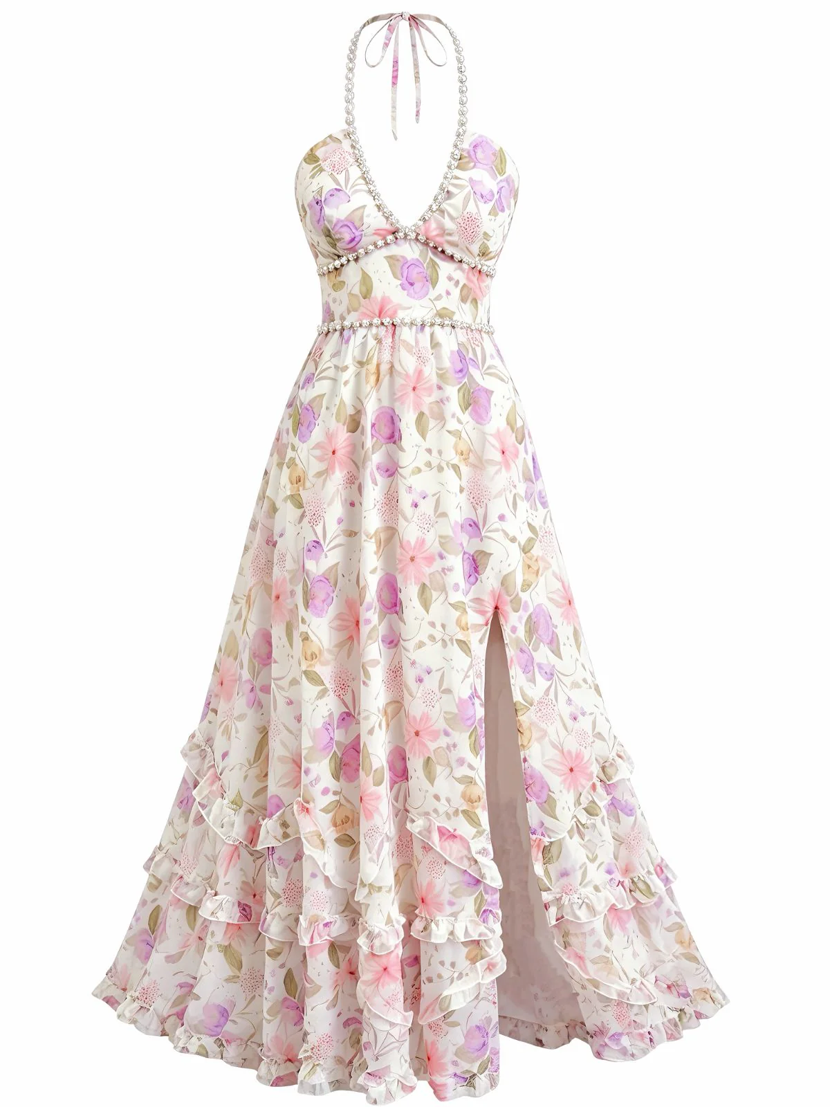 Mehrfarbiges 30er Maxikleid mit Neckholder und Blumen - Image 2