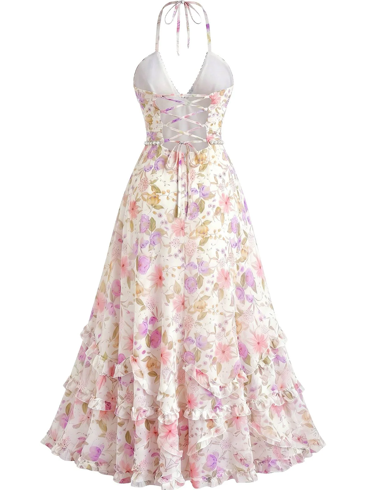 Mehrfarbiges 30er Maxikleid mit Neckholder und Blumen - Image 3