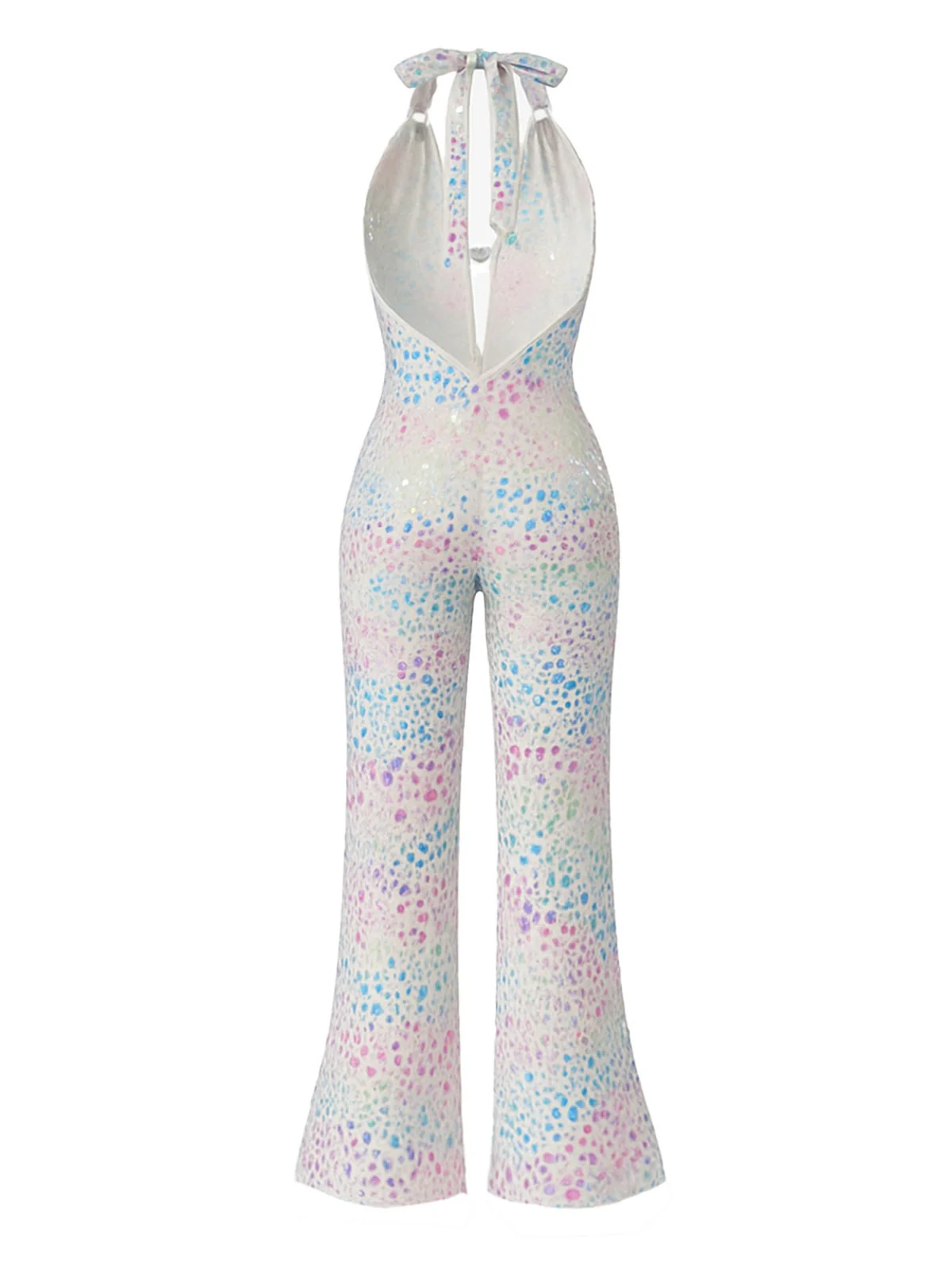 Metallisch 1980er Leopard Halter Tief-V Rückenfrei Jumpsuit - Image 2
