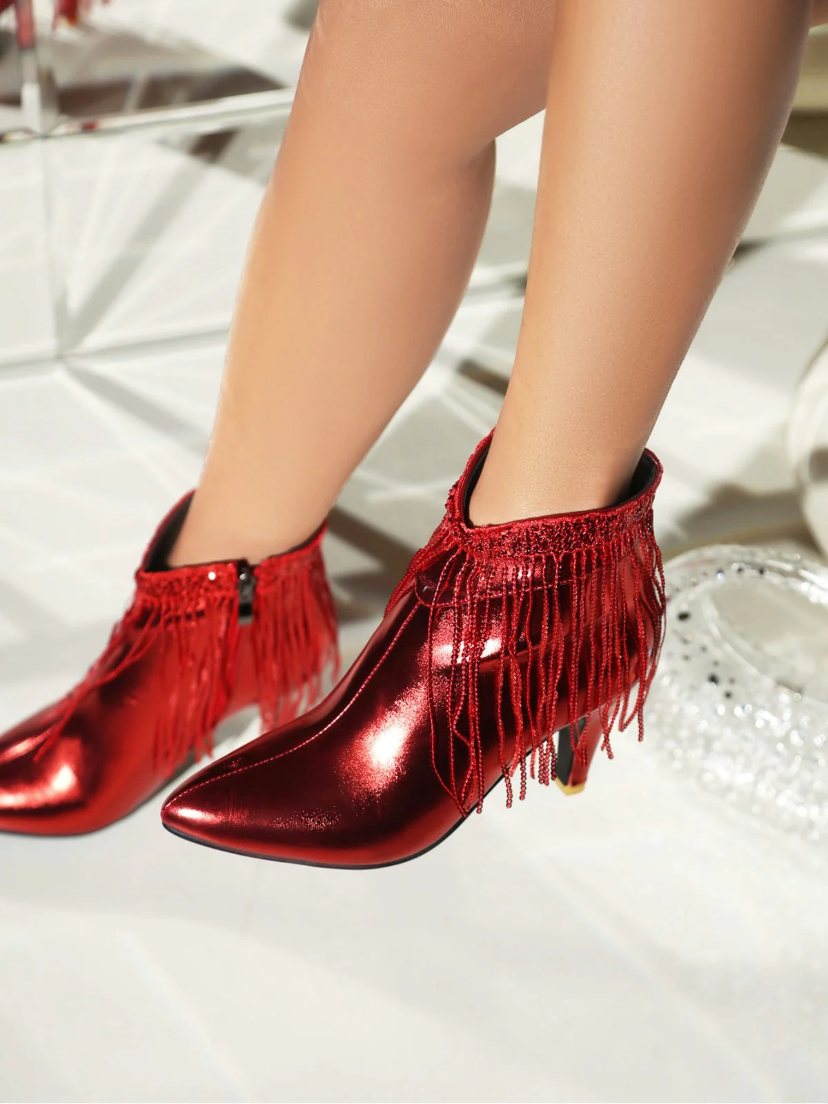 Metallisch Quaste Spitzer Spitze Stiletto Chelsea Stiefel - Image 20