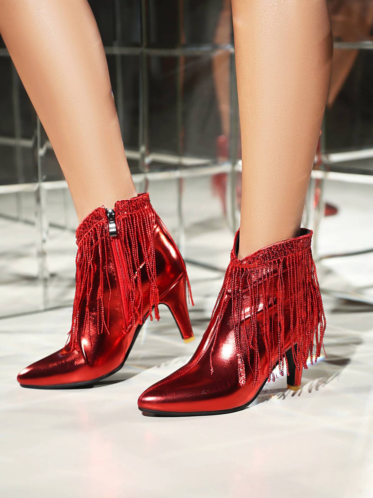 Metallisch Quaste Spitzer Spitze Stiletto Chelsea Stiefel - Image 21