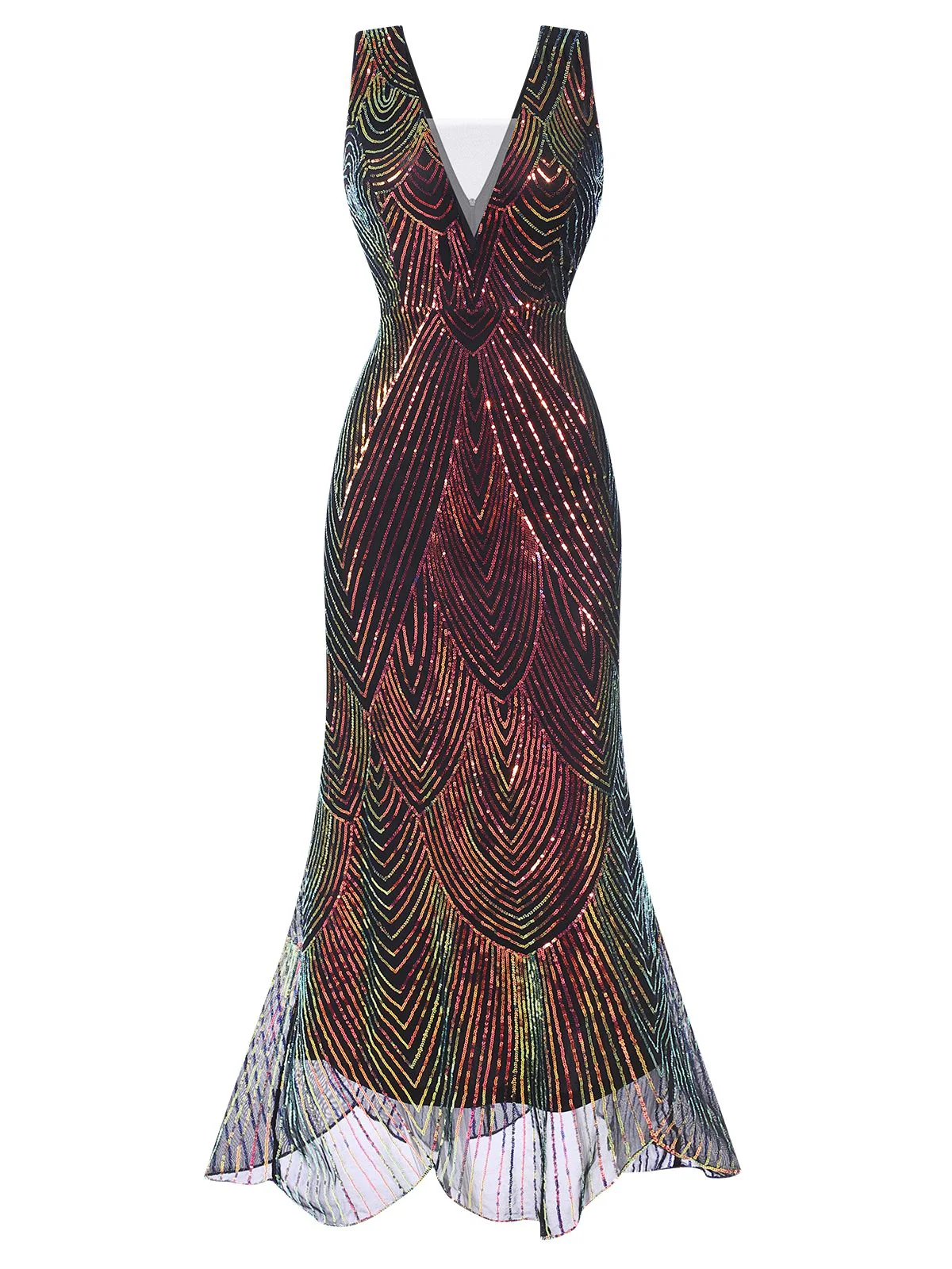 Multicolor 1920er V-Ausschnitt Pailletten Fischschwanzkleid - Image 3