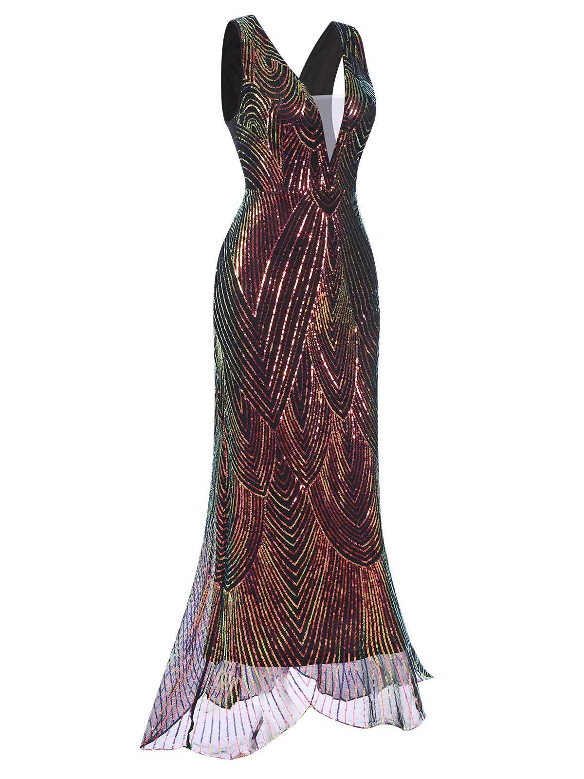 Multicolor 1920er V-Ausschnitt Pailletten Fischschwanzkleid - Image 4