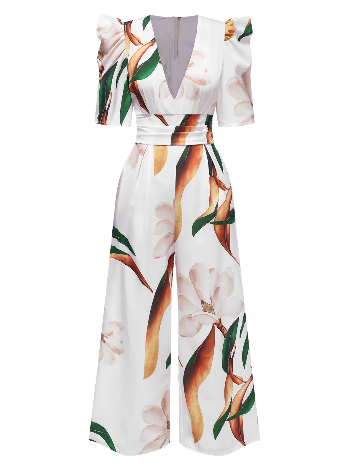 Multicolor 1930er V-Ausschnitt Puff Magnolia Blumen Jumpsuit - Image 2