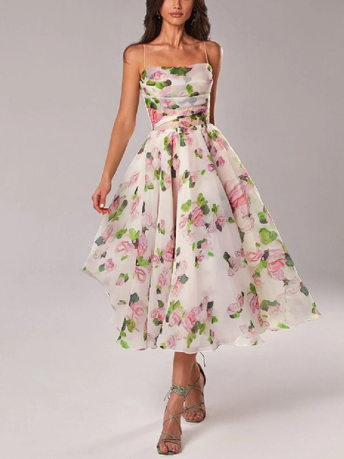 Multicolor 1940er Organza Blumen Spaghetti Träger Kleid - Image 2