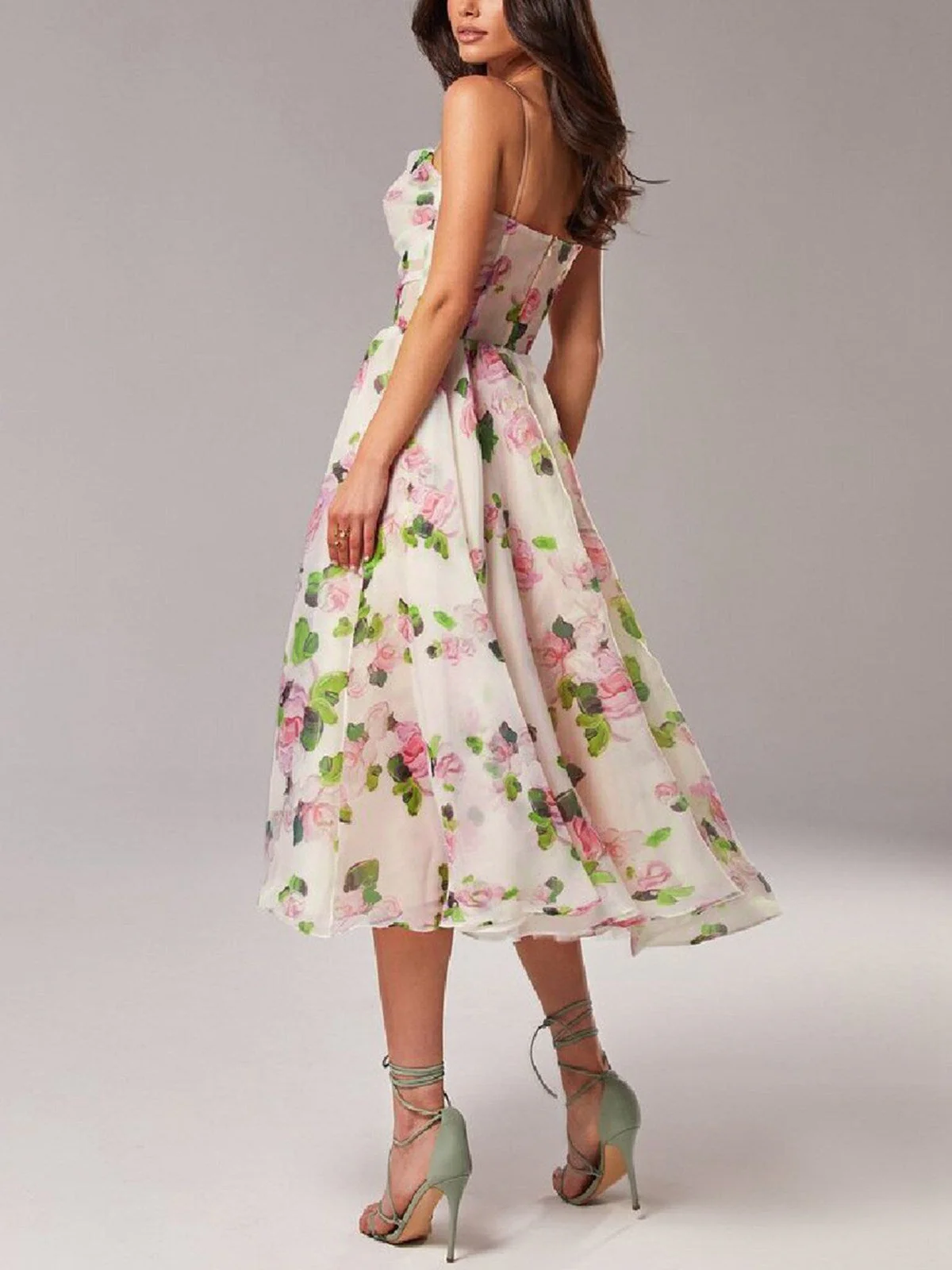 Multicolor 1940er Organza Blumen Spaghetti Träger Kleid - Image 3
