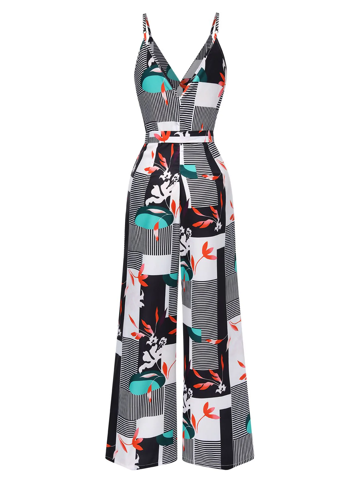 Multicolor 1940er V-Ausschnitt Geometrisch Pflanze Träger Jumpsuit - Image 2