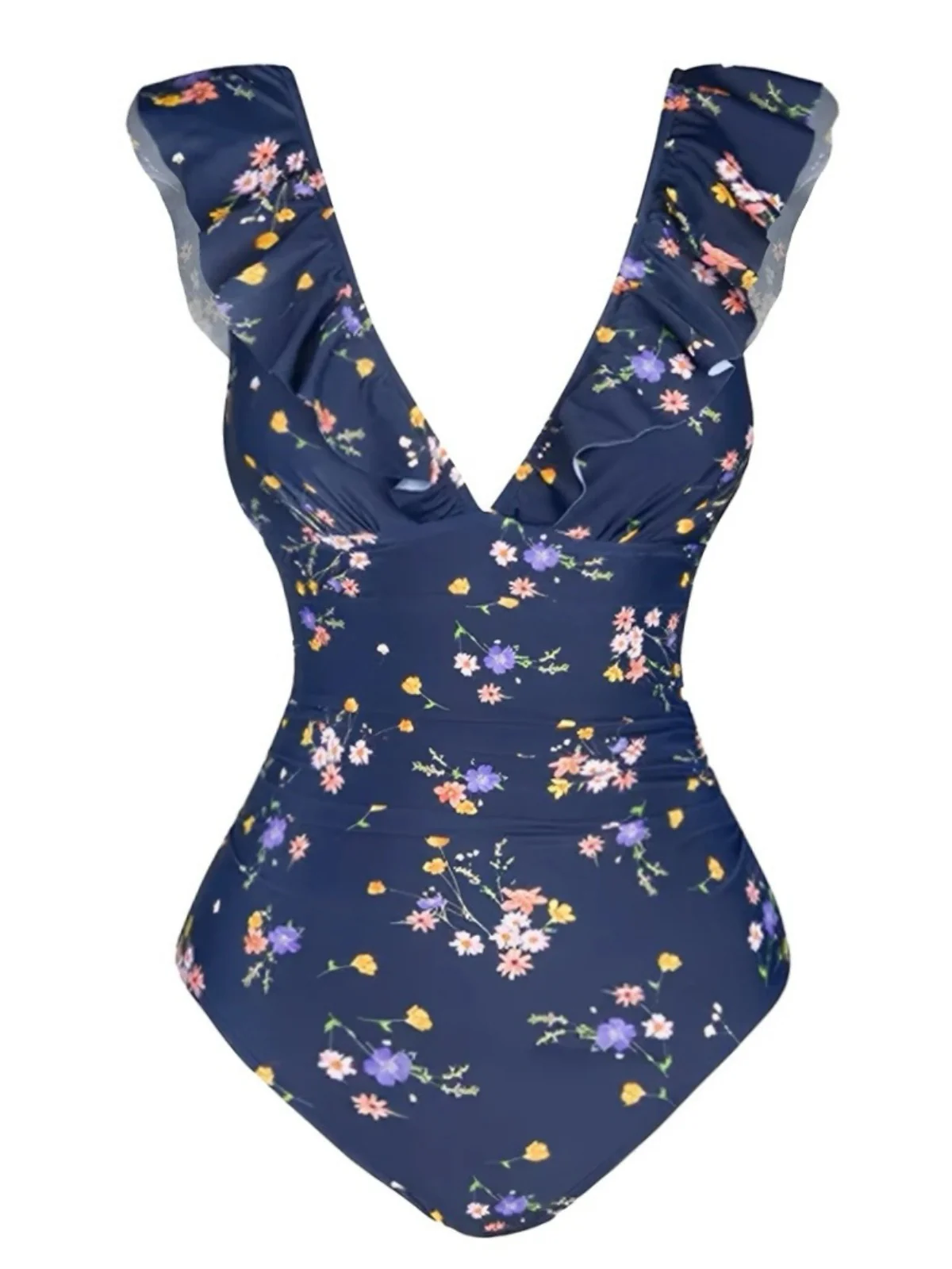 Multicolor 1950er Blumen Rüschen Zurück Ausgehöhlter Badeanzug - Image 3