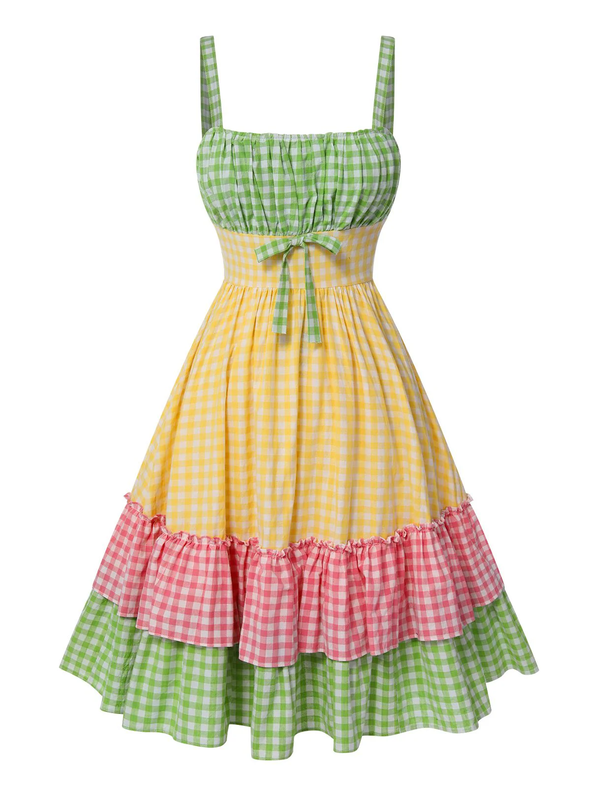 Multicolor 1950er Baumwolle Breit-Träger Plaid Patchwork Kleid - Image 2