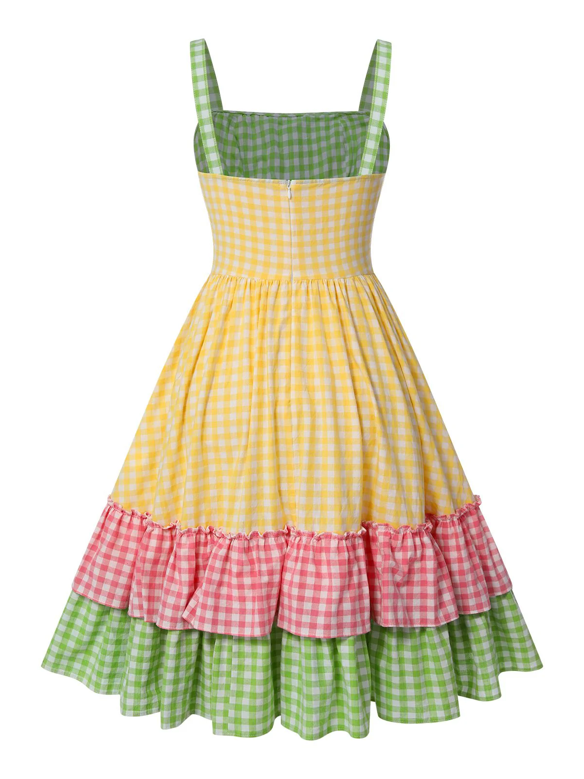 Multicolor 1950er Baumwolle Breit-Träger Plaid Patchwork Kleid - Image 3
