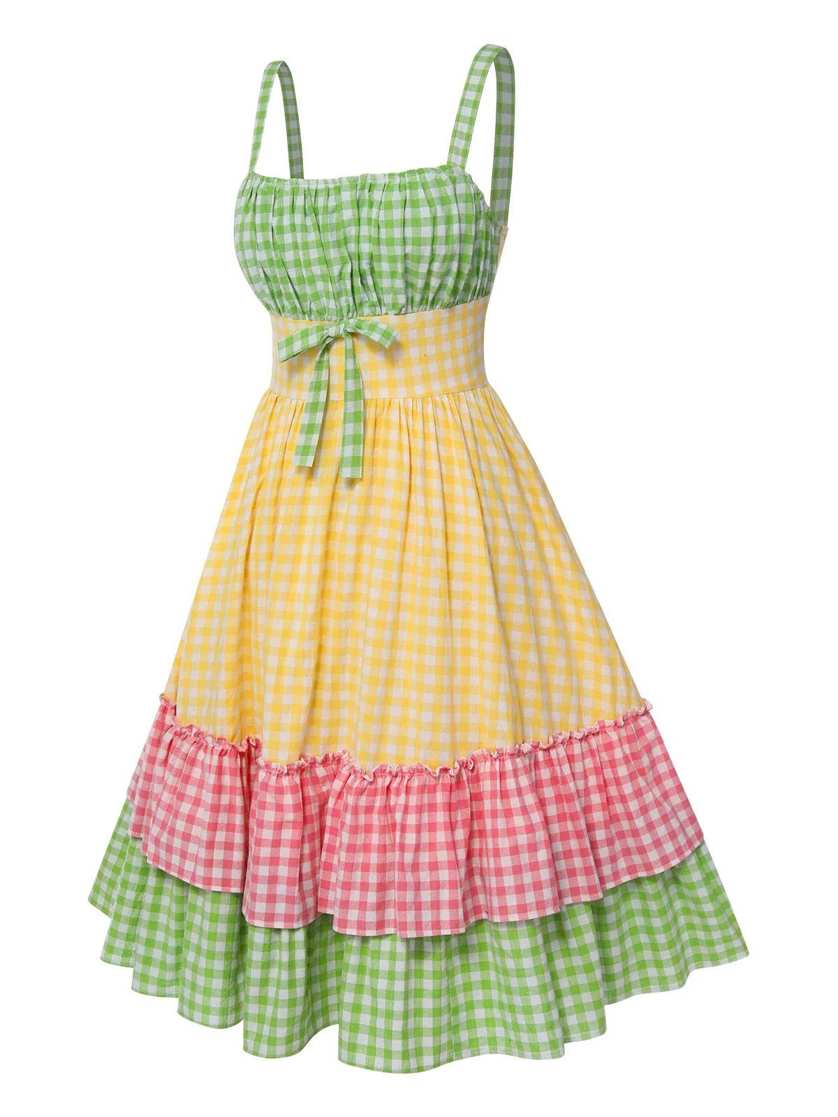Multicolor 1950er Baumwolle Breit-Träger Plaid Patchwork Kleid - Image 4