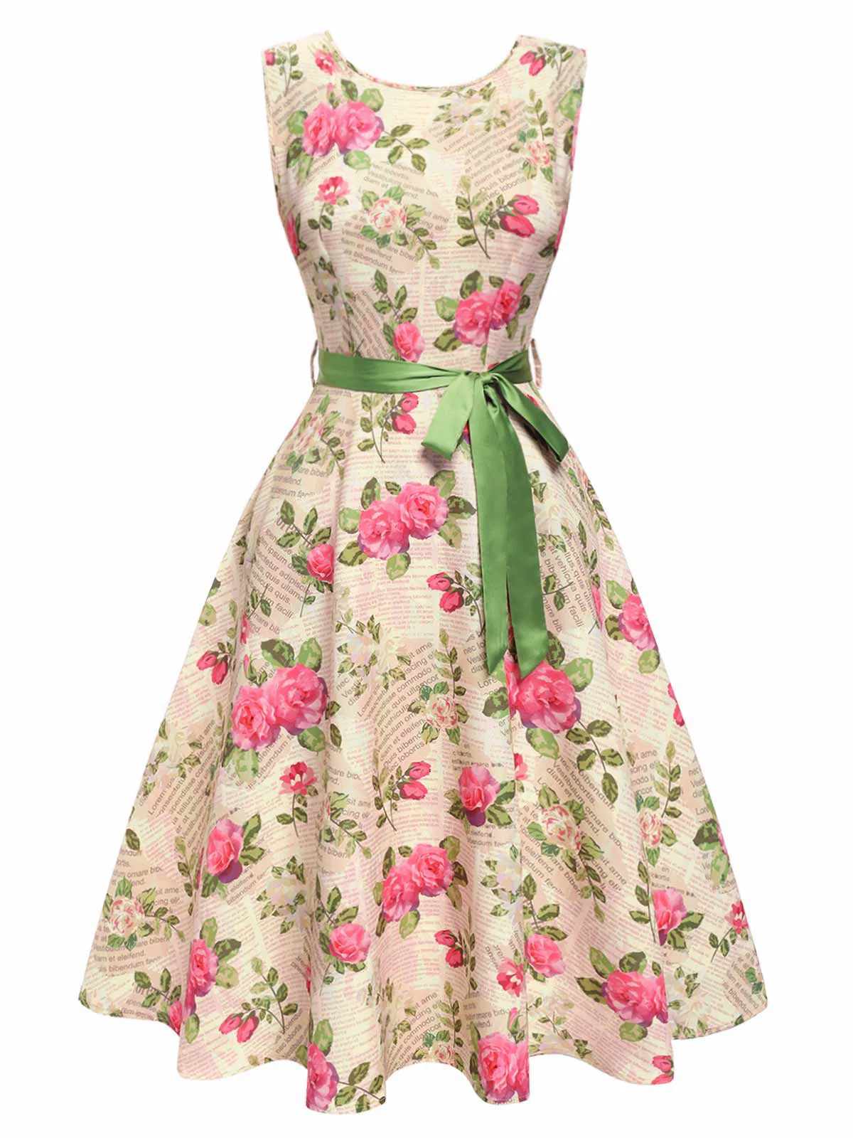 Multicolor 1950er Rose Bildhaft Gürtel Kleid - Image 3