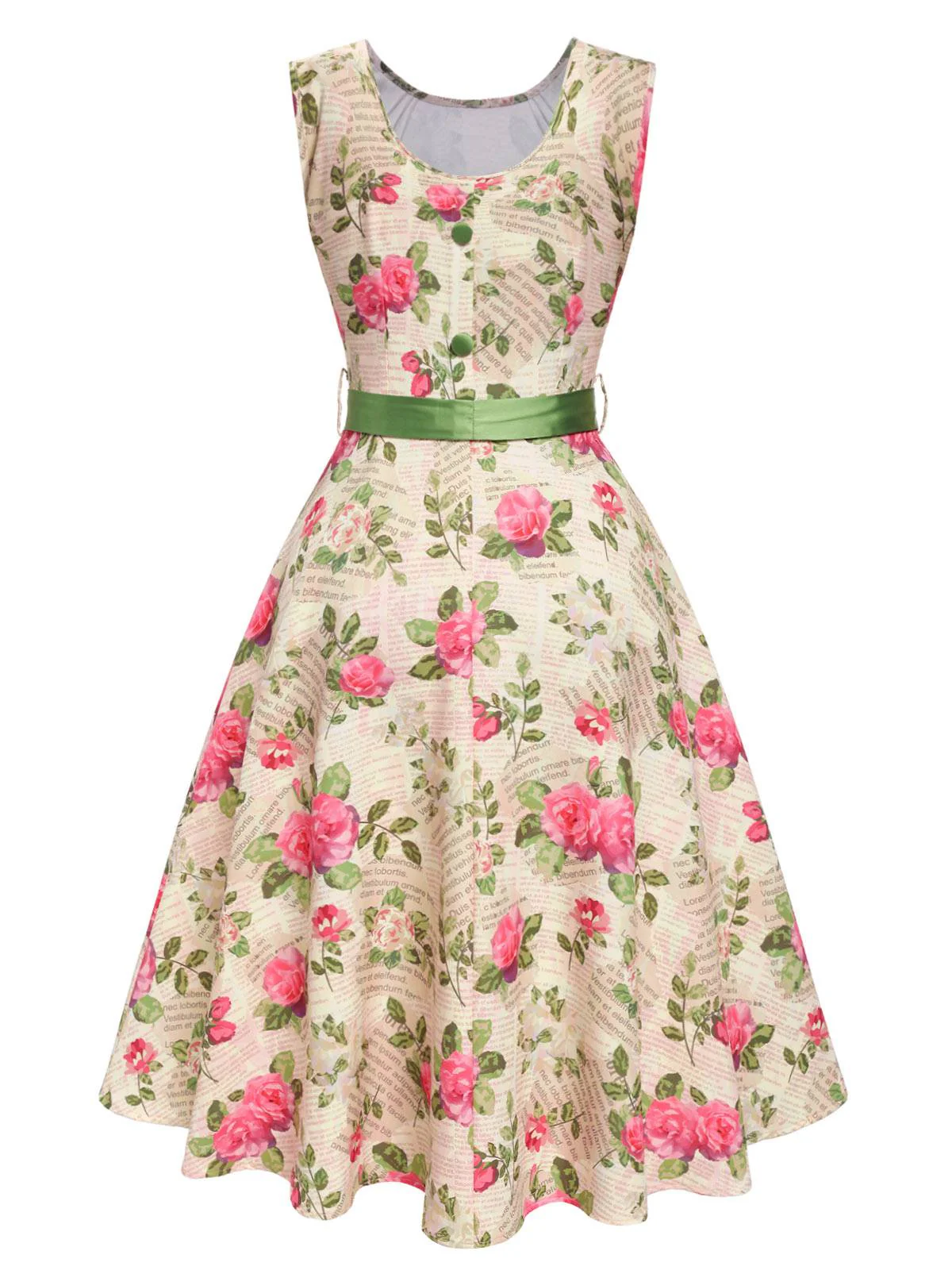 Multicolor 1950er Rose Bildhaft Gürtel Kleid - Image 5