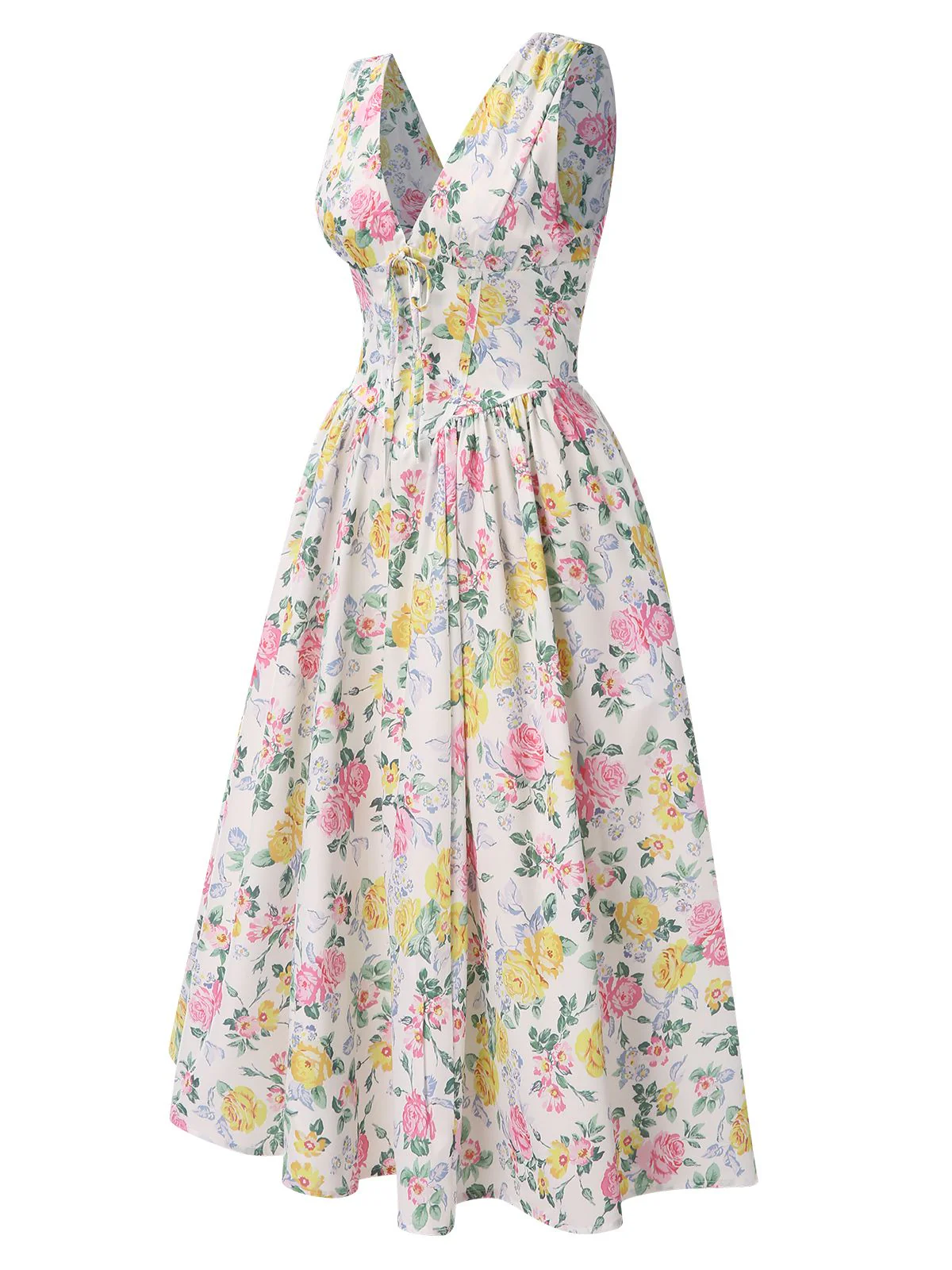 Multicolor 1950er Tief V-Ausschnitt Antiquität Blumen Kleid - Image 2