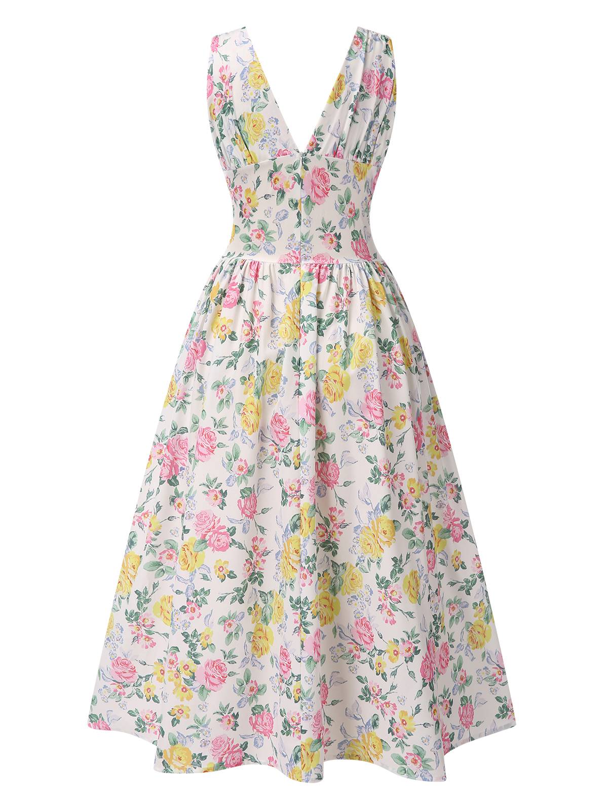 Multicolor 1950er Tief V-Ausschnitt Antiquität Blumen Kleid - Image 3